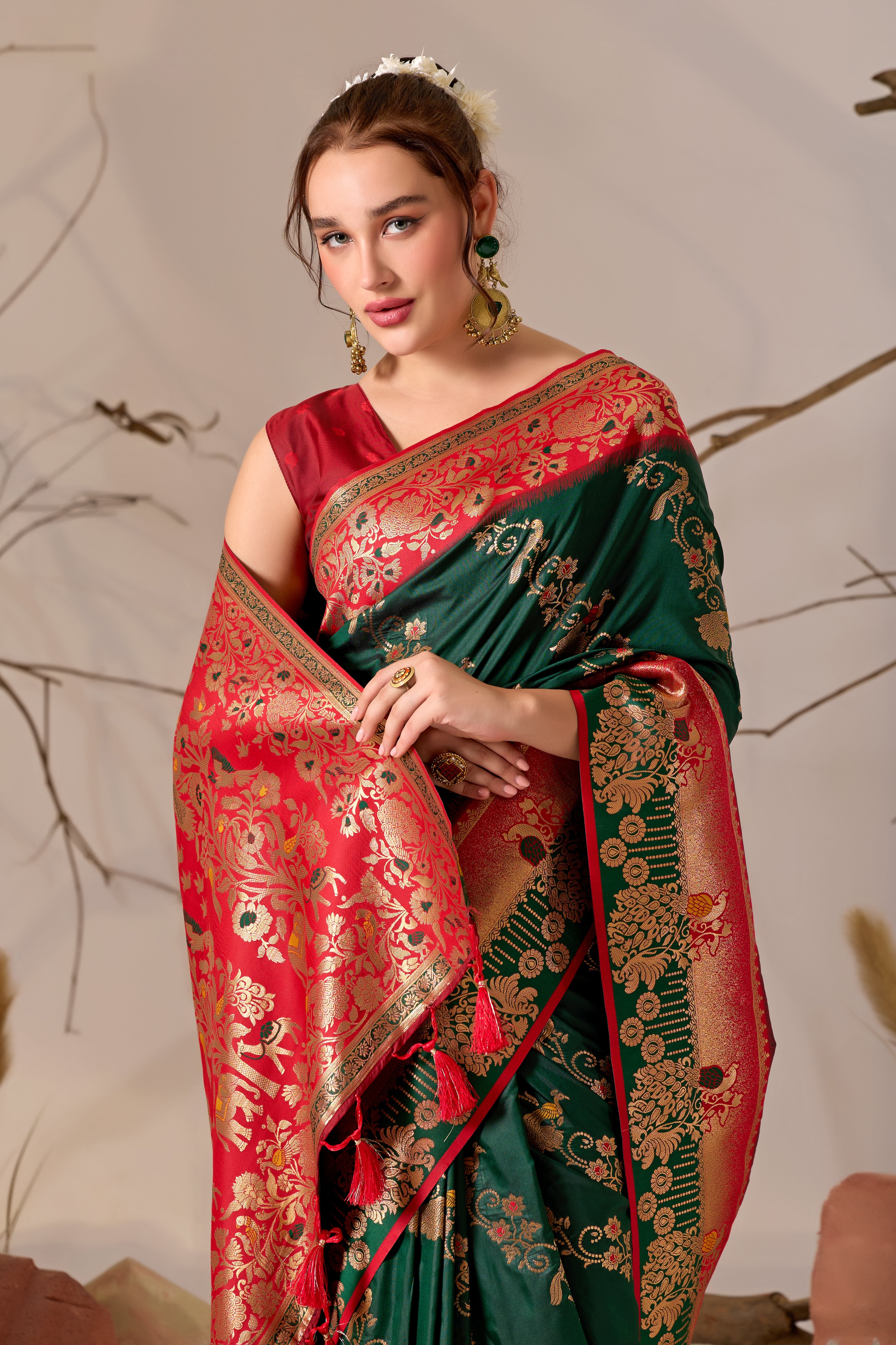 Banarasi Silk Saree with Peacock & Parrot Motifs in Bottle Green