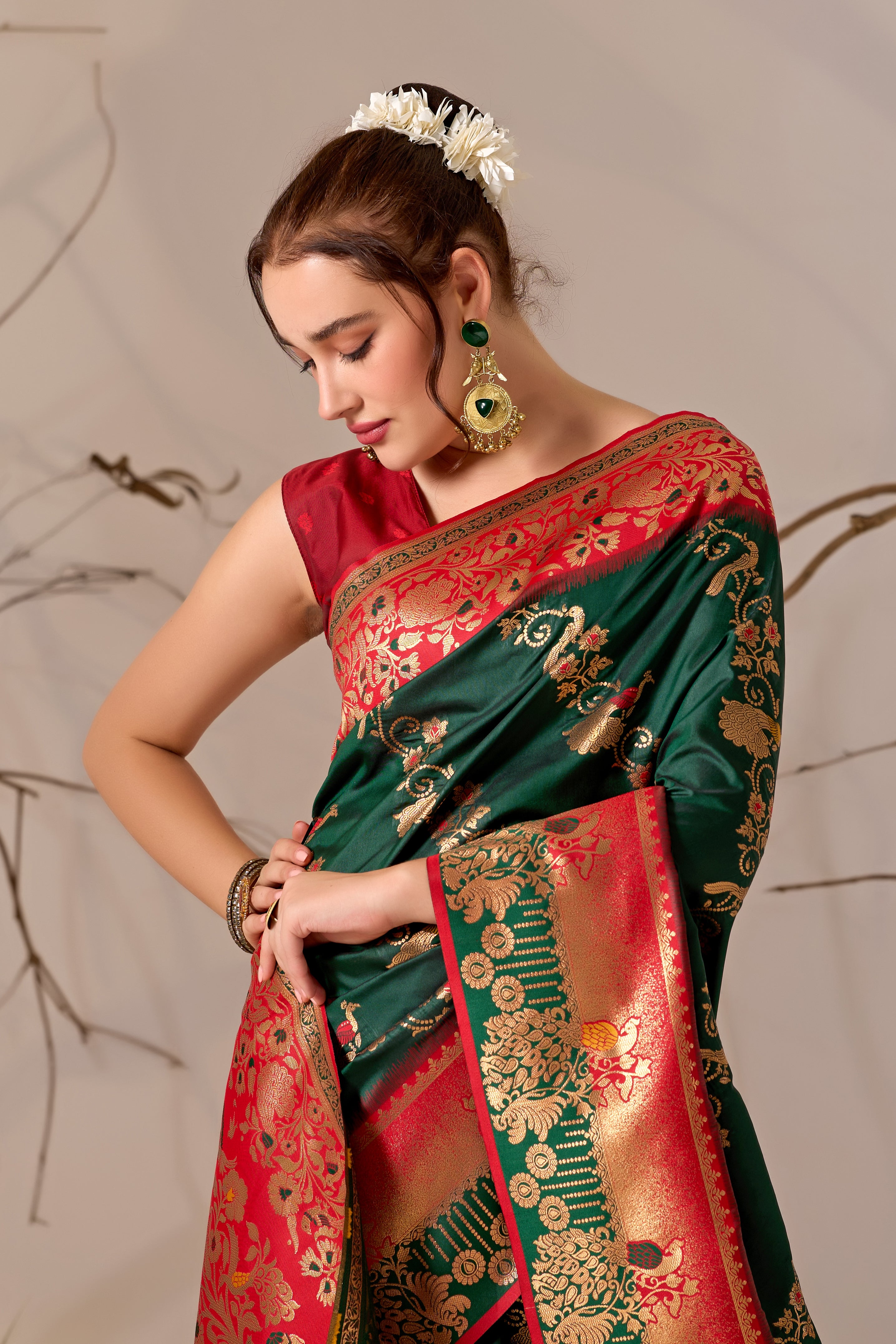 Banarasi Silk Saree with Peacock & Parrot Motifs in Bottle Green