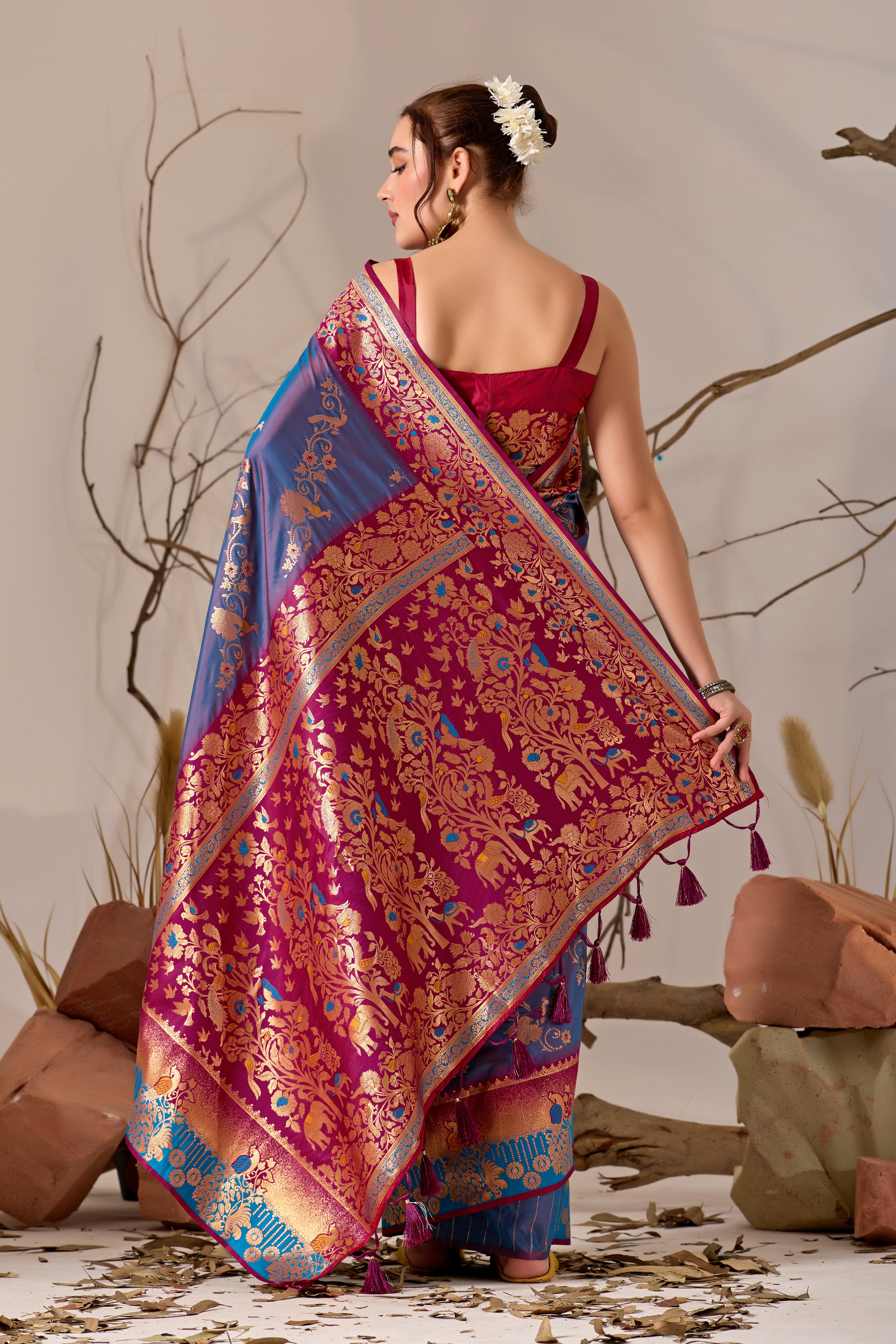 Banarasi Silk Saree with Peacock & Parrot Motifs in Rama