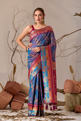 Banarasi Silk Saree with Peacock & Parrot Motifs in Rama