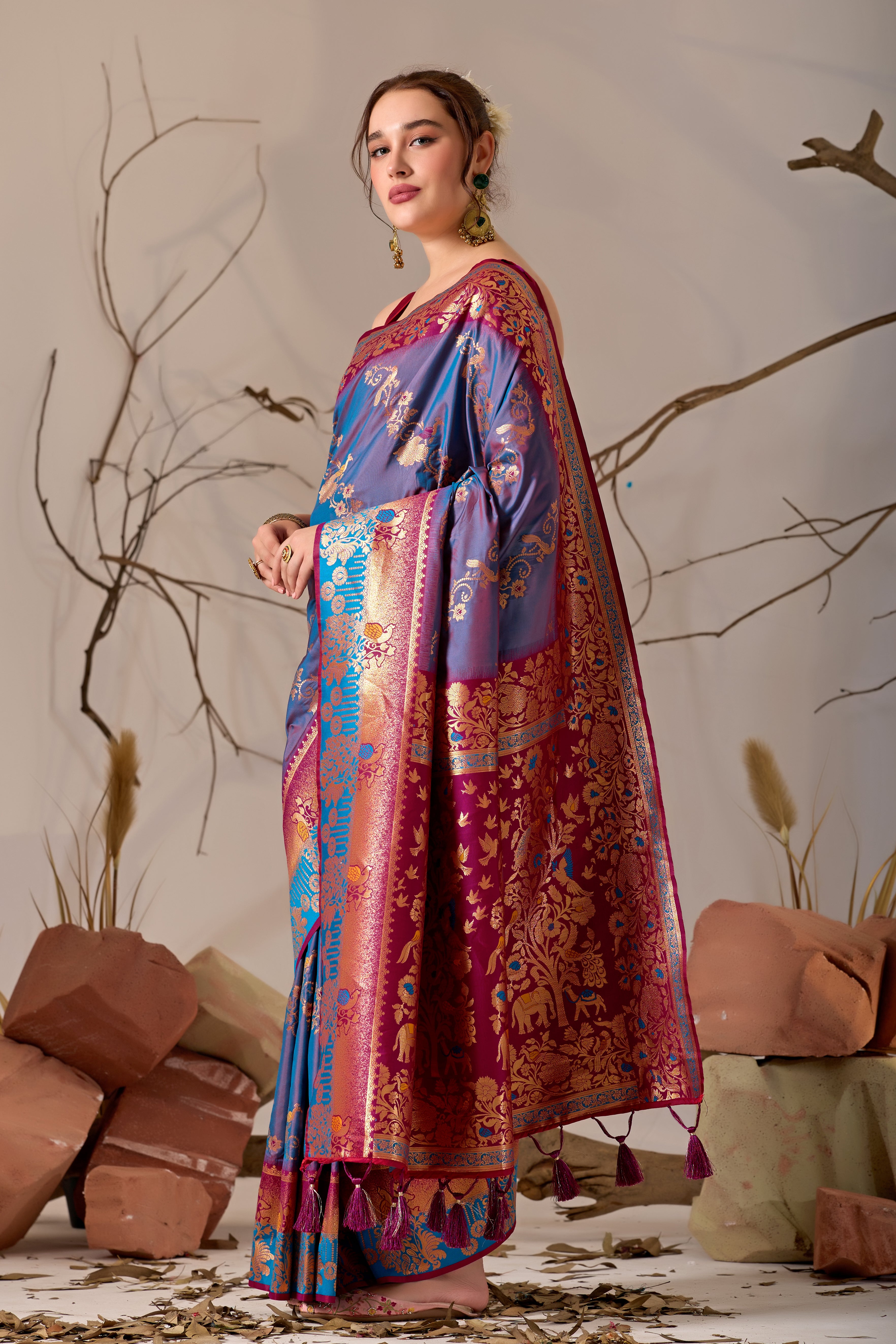 Banarasi Silk Saree with Peacock & Parrot Motifs in Rama