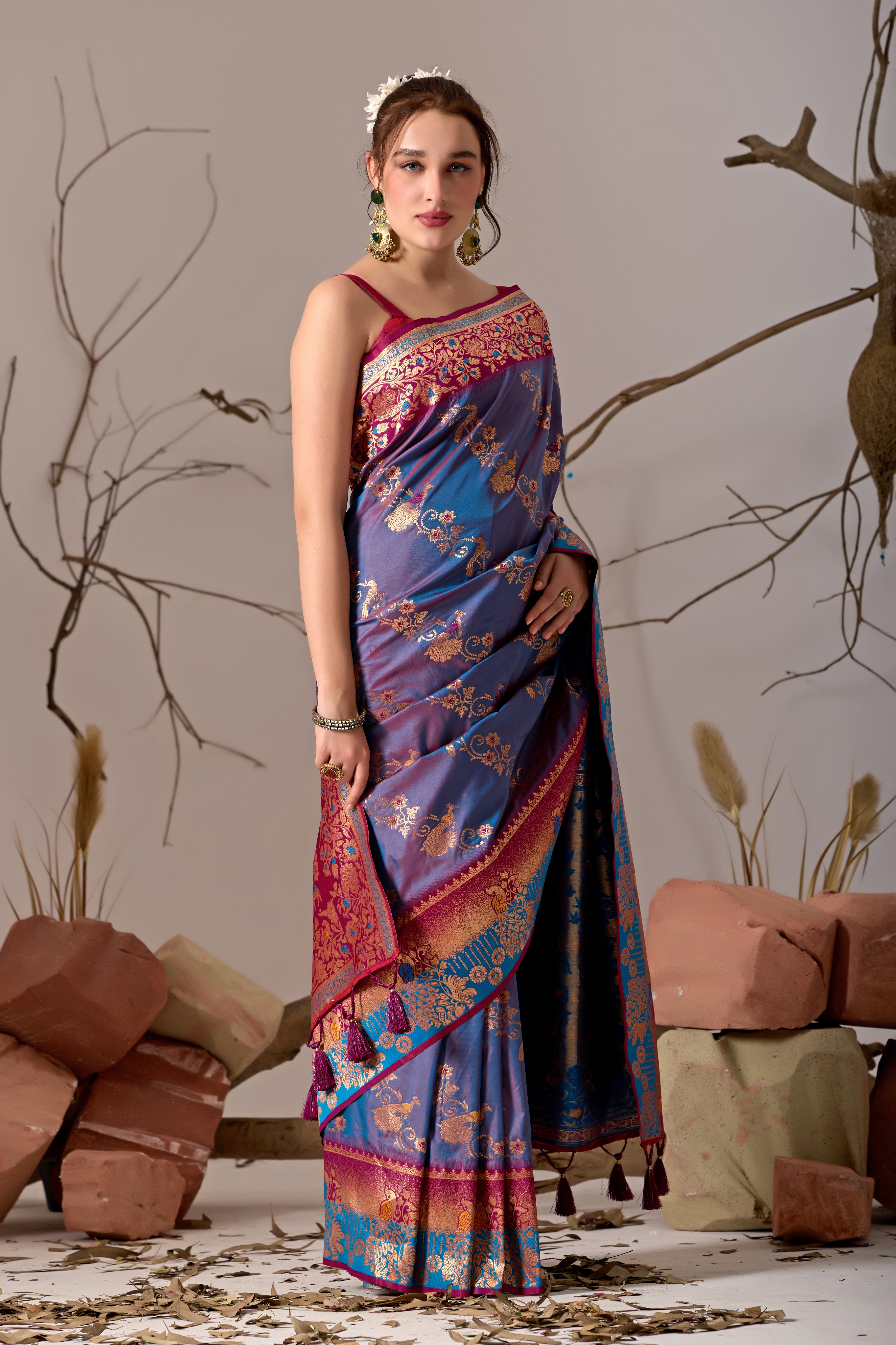 Banarasi Silk Saree with Peacock & Parrot Motifs in Rama
