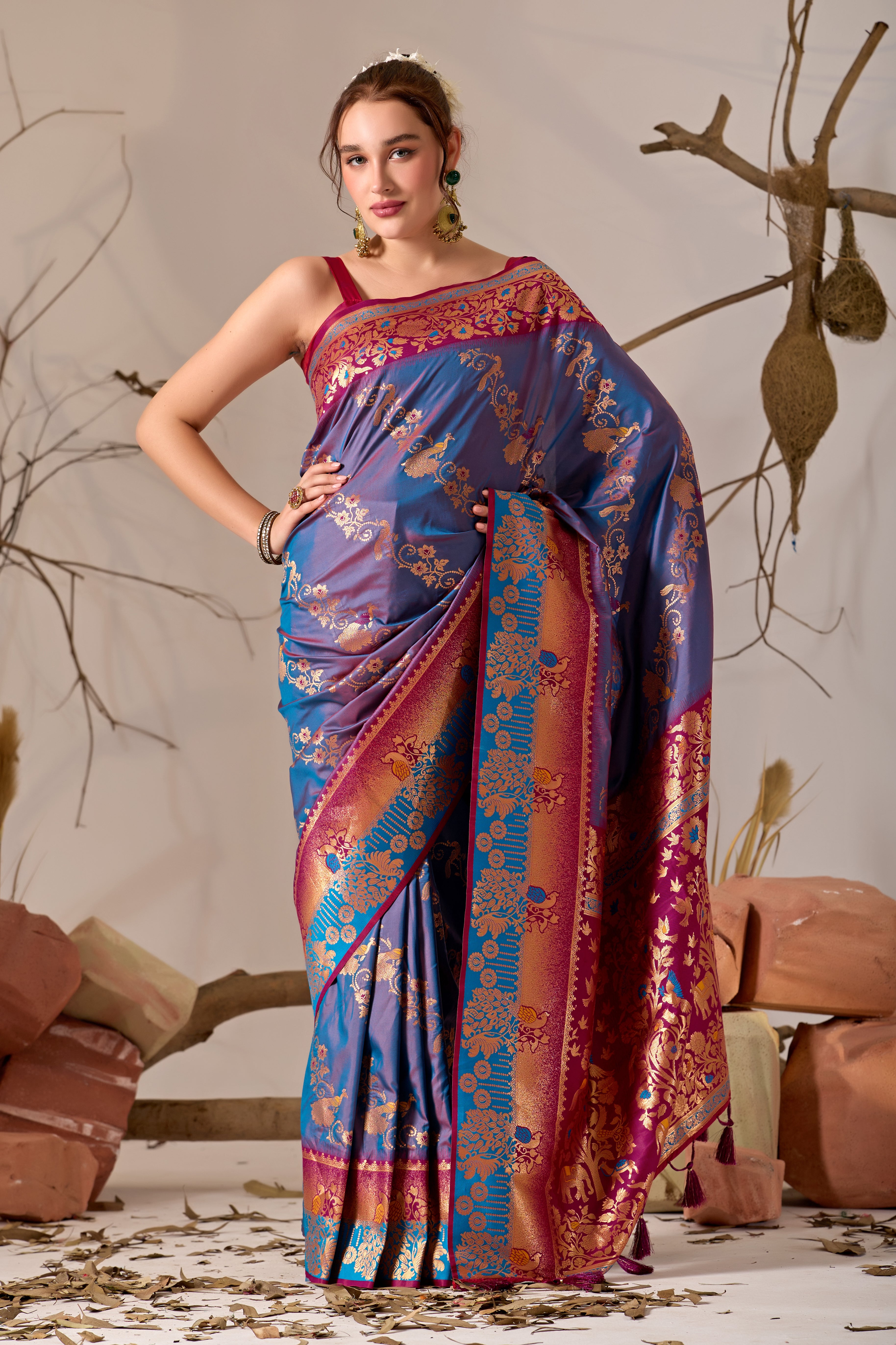 Banarasi Silk Saree with Peacock & Parrot Motifs in Rama