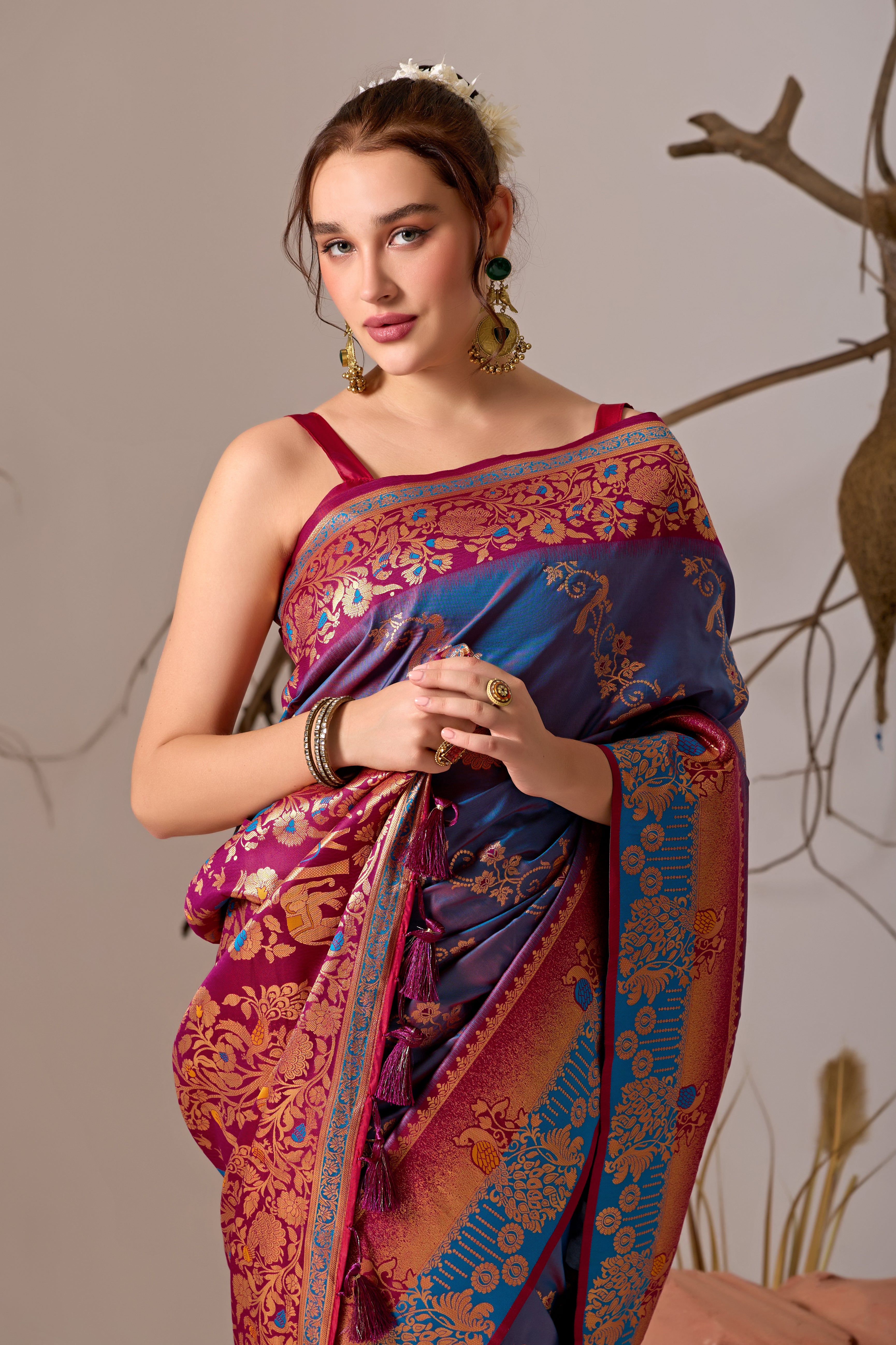 Banarasi Silk Saree with Peacock & Parrot Motifs in Rama