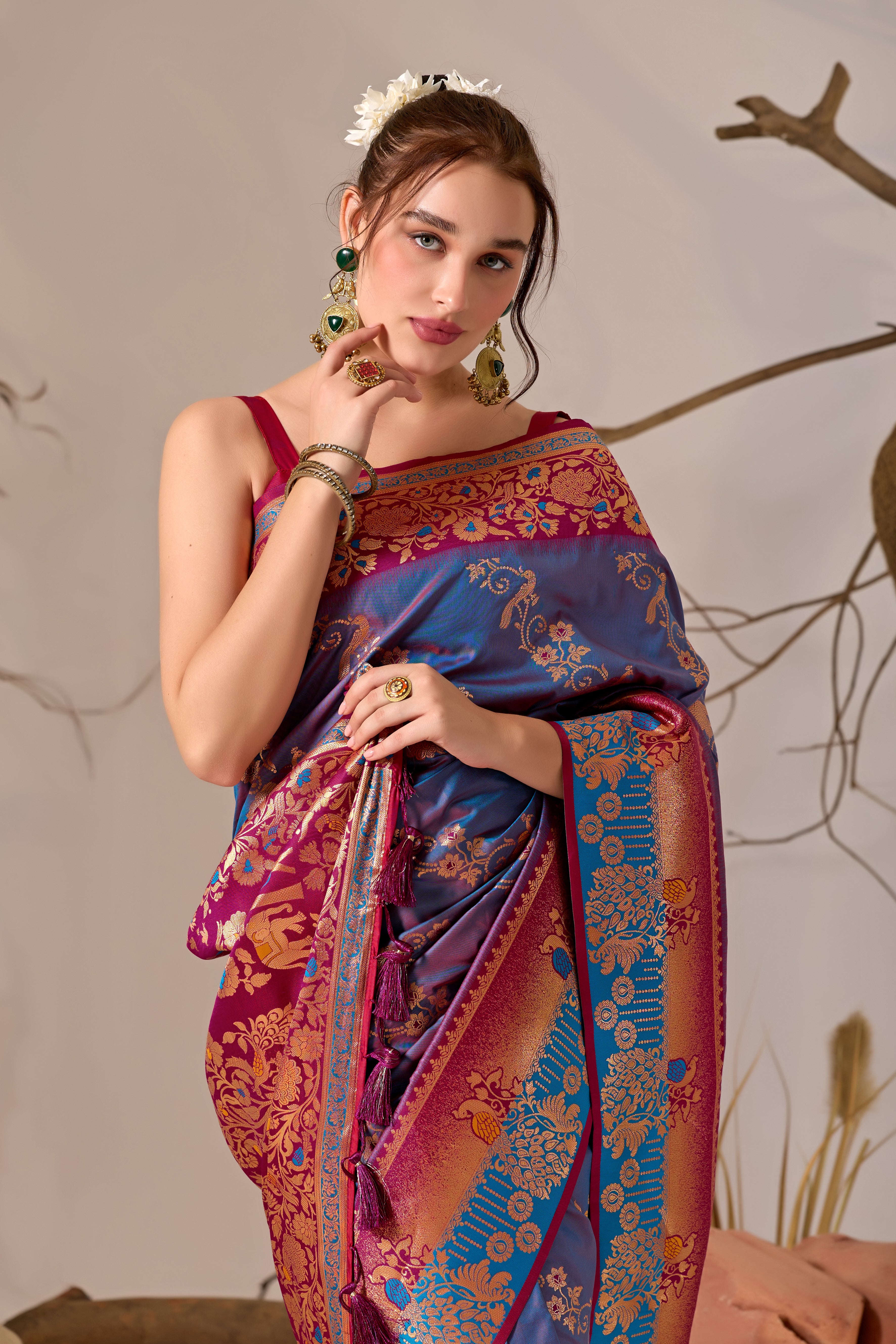 Banarasi Silk Saree with Peacock & Parrot Motifs in Rama