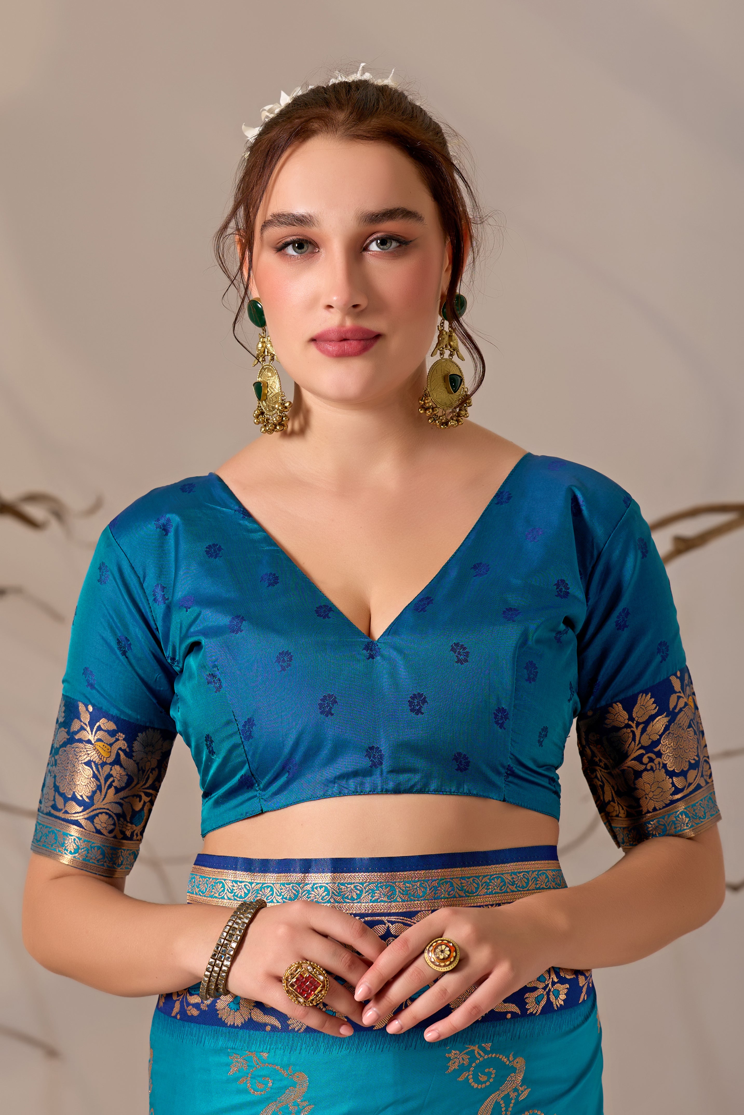 Banarasi Silk Saree with Peacock & Parrot Motifs in Firoji