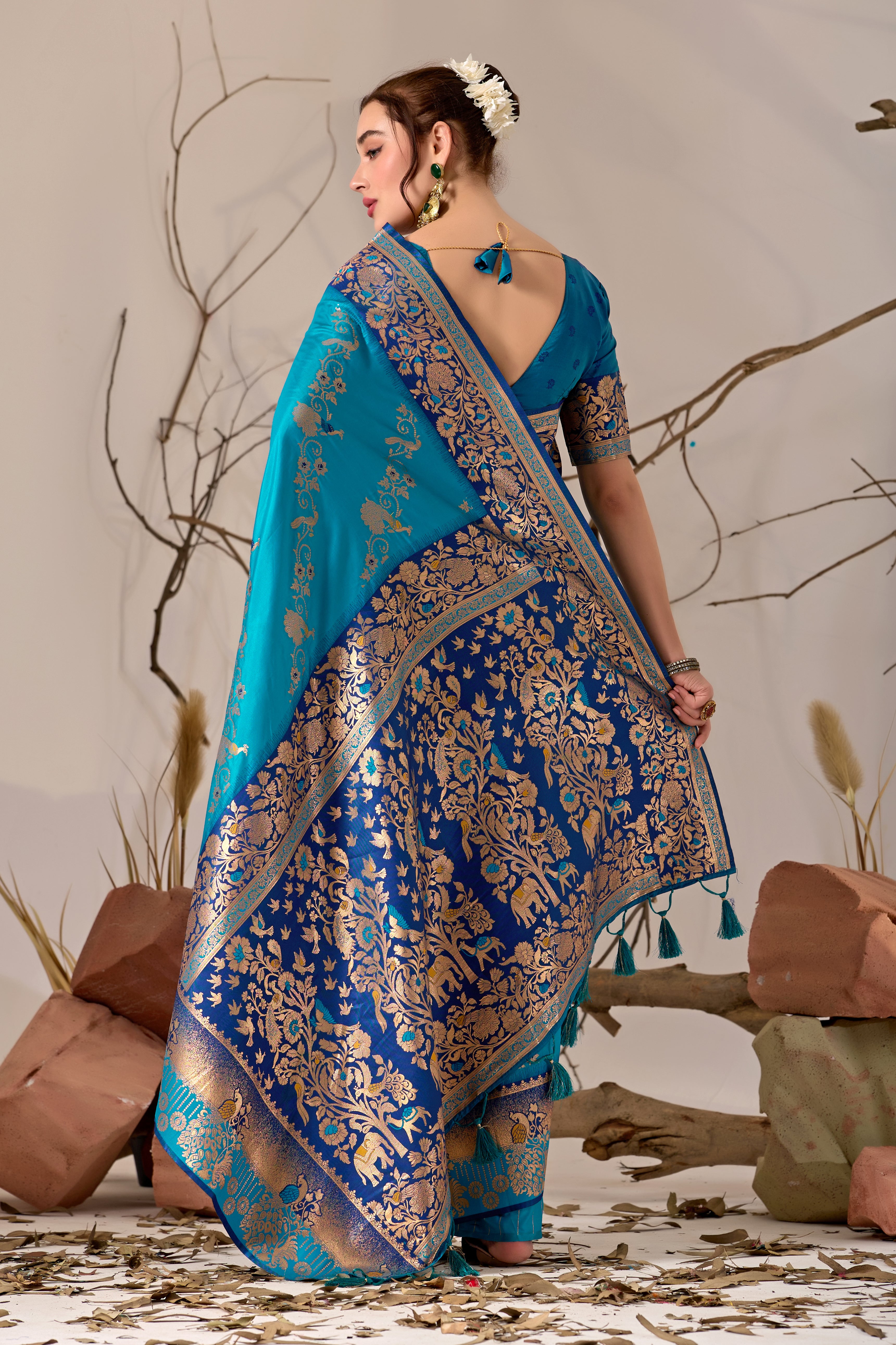 Banarasi Silk Saree with Peacock & Parrot Motifs in Firoji