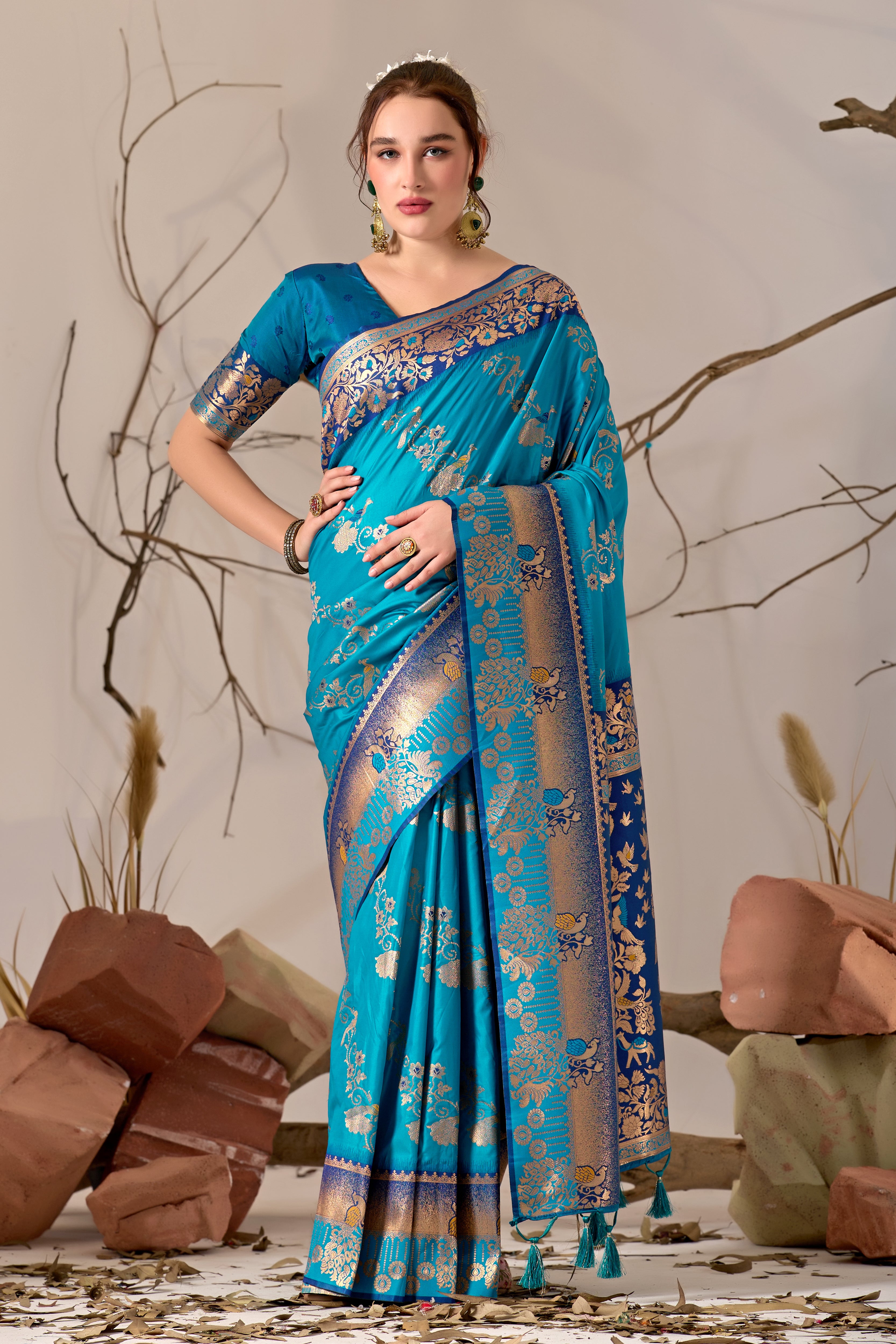 Banarasi Silk Saree with Peacock & Parrot Motifs in Firoji