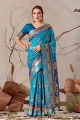 Banarasi Silk Saree with Peacock & Parrot Motifs in Firoji