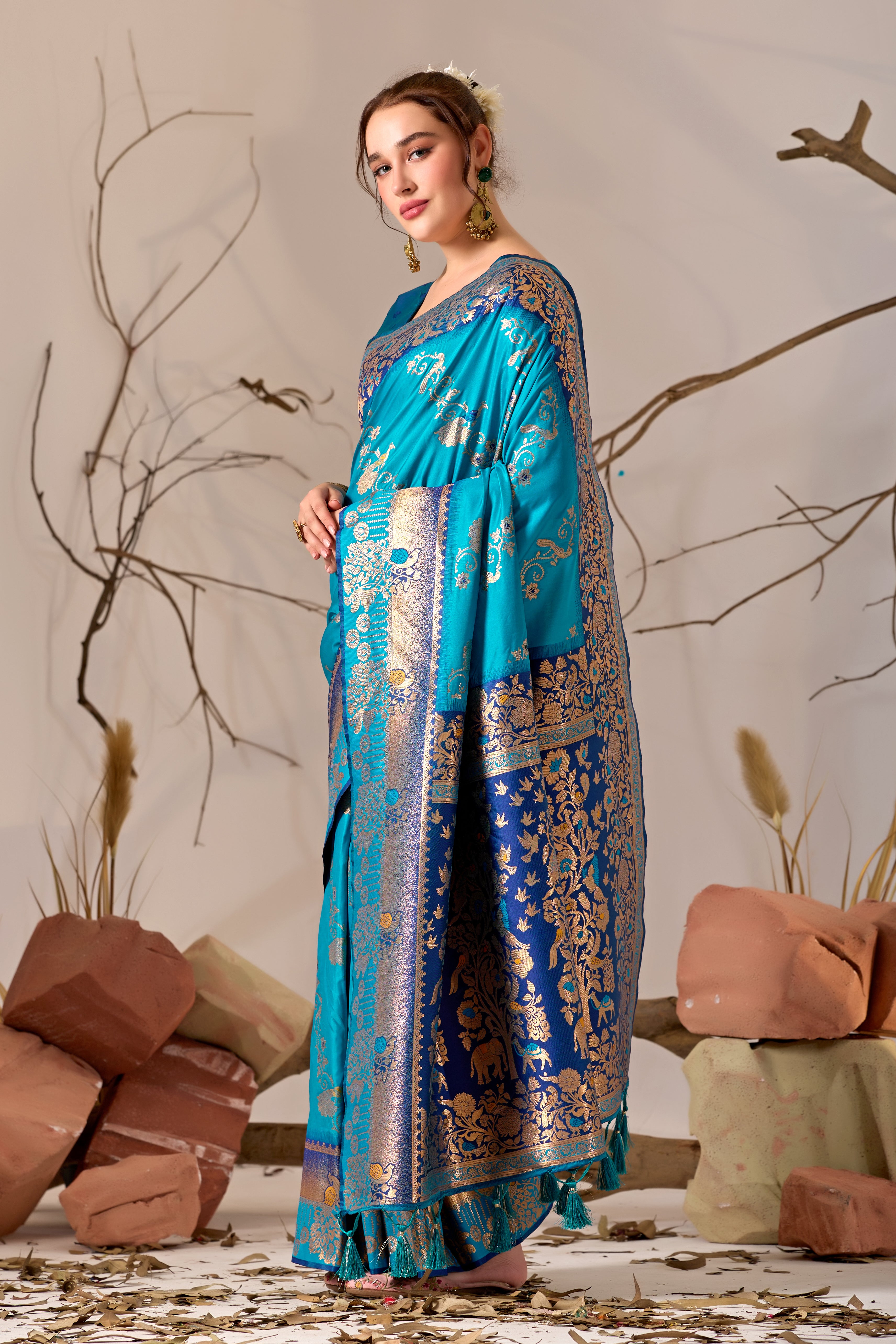 Banarasi Silk Saree with Peacock & Parrot Motifs in Firoji