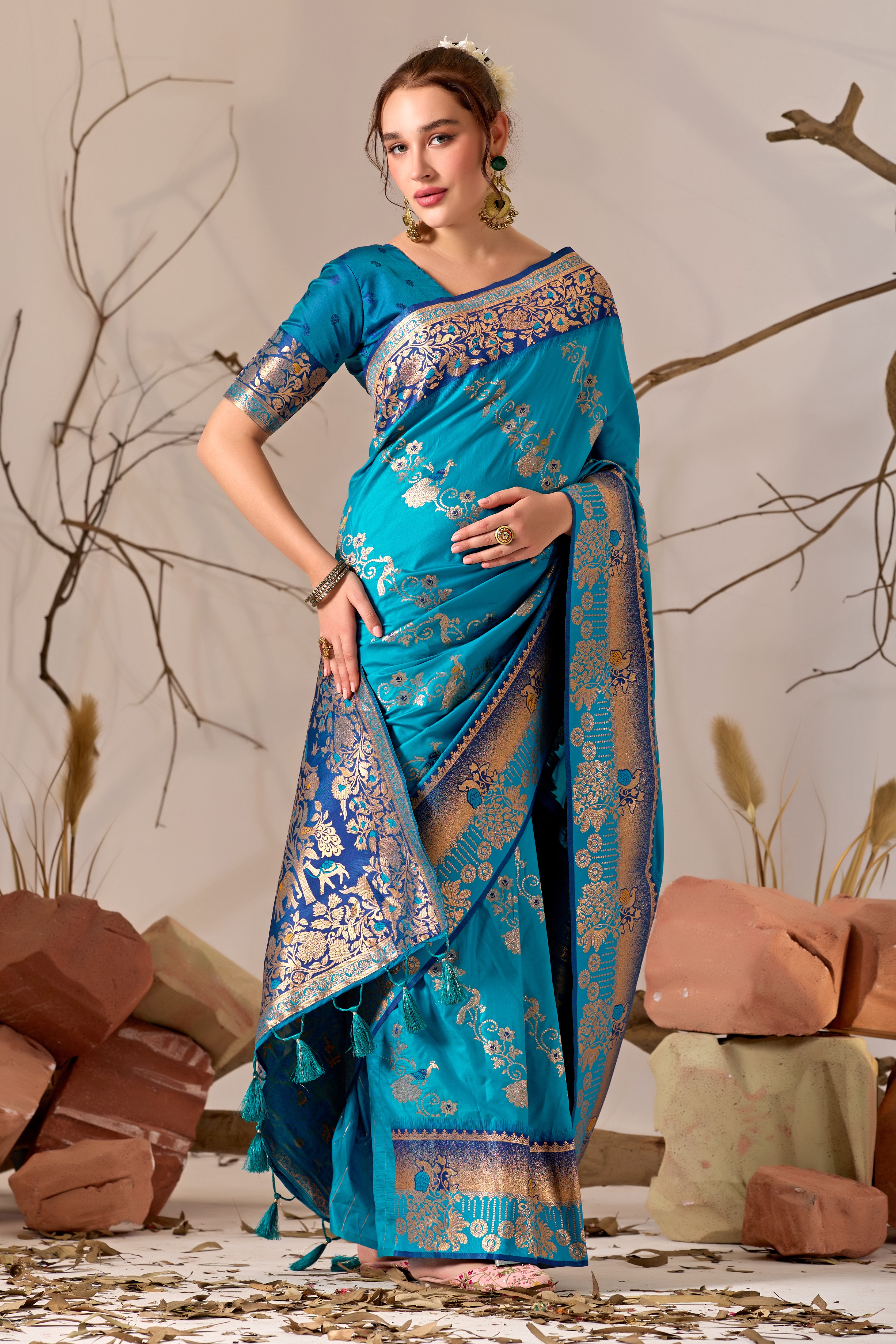 Banarasi Silk Saree with Peacock & Parrot Motifs in Firoji