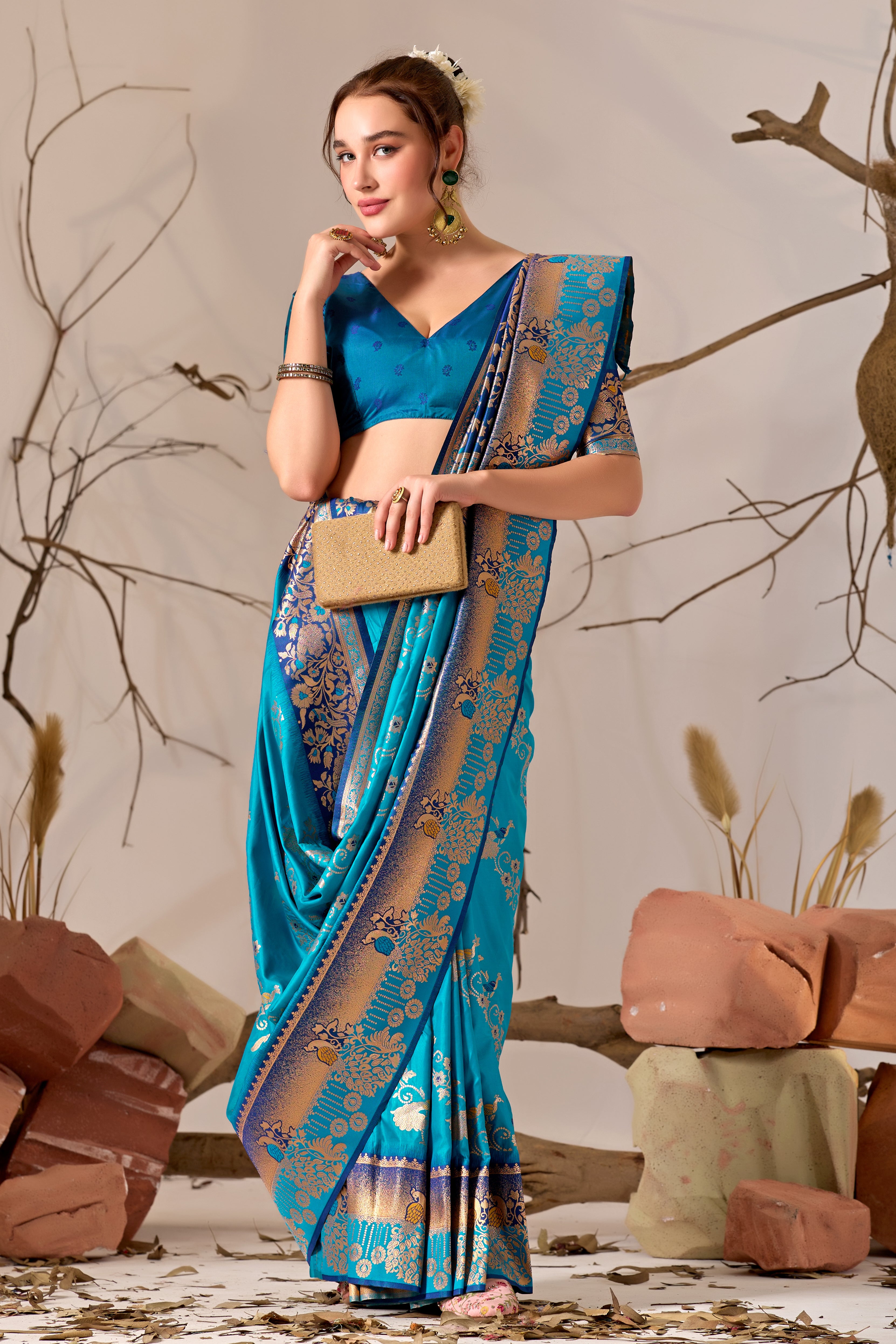 Banarasi Silk Saree with Peacock & Parrot Motifs in Firoji