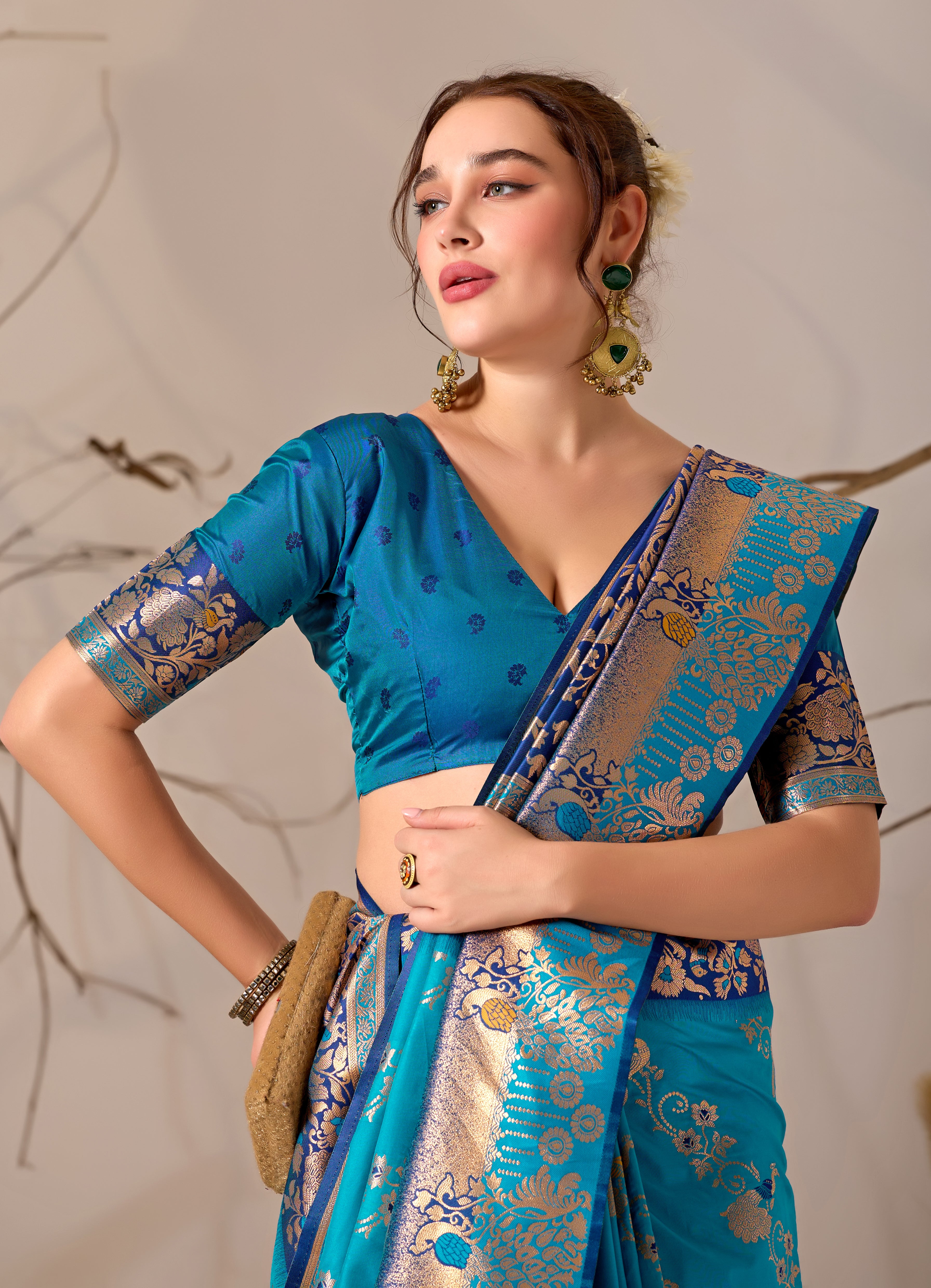Banarasi Silk Saree with Peacock & Parrot Motifs in Firoji