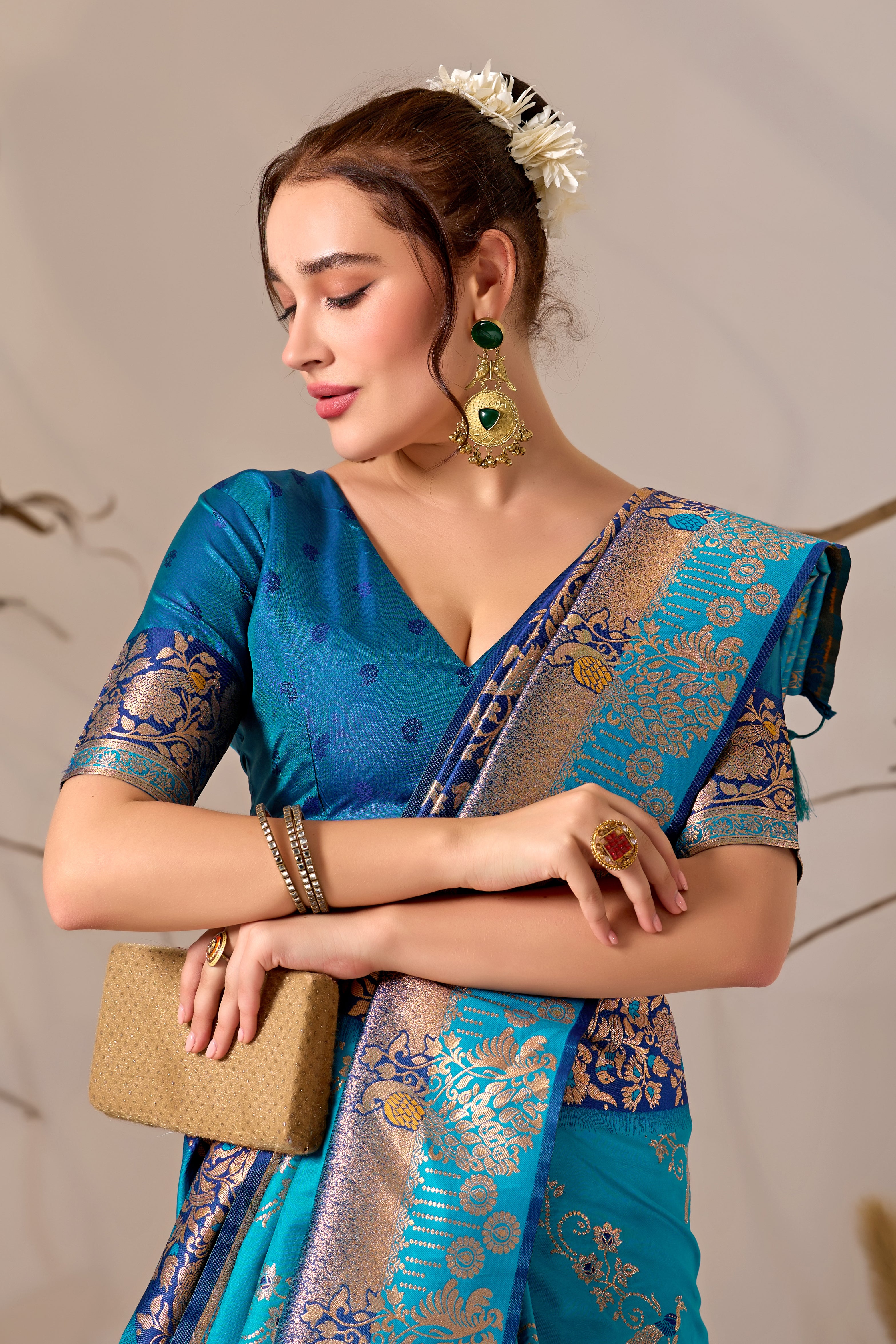 Banarasi Silk Saree with Peacock & Parrot Motifs in Firoji