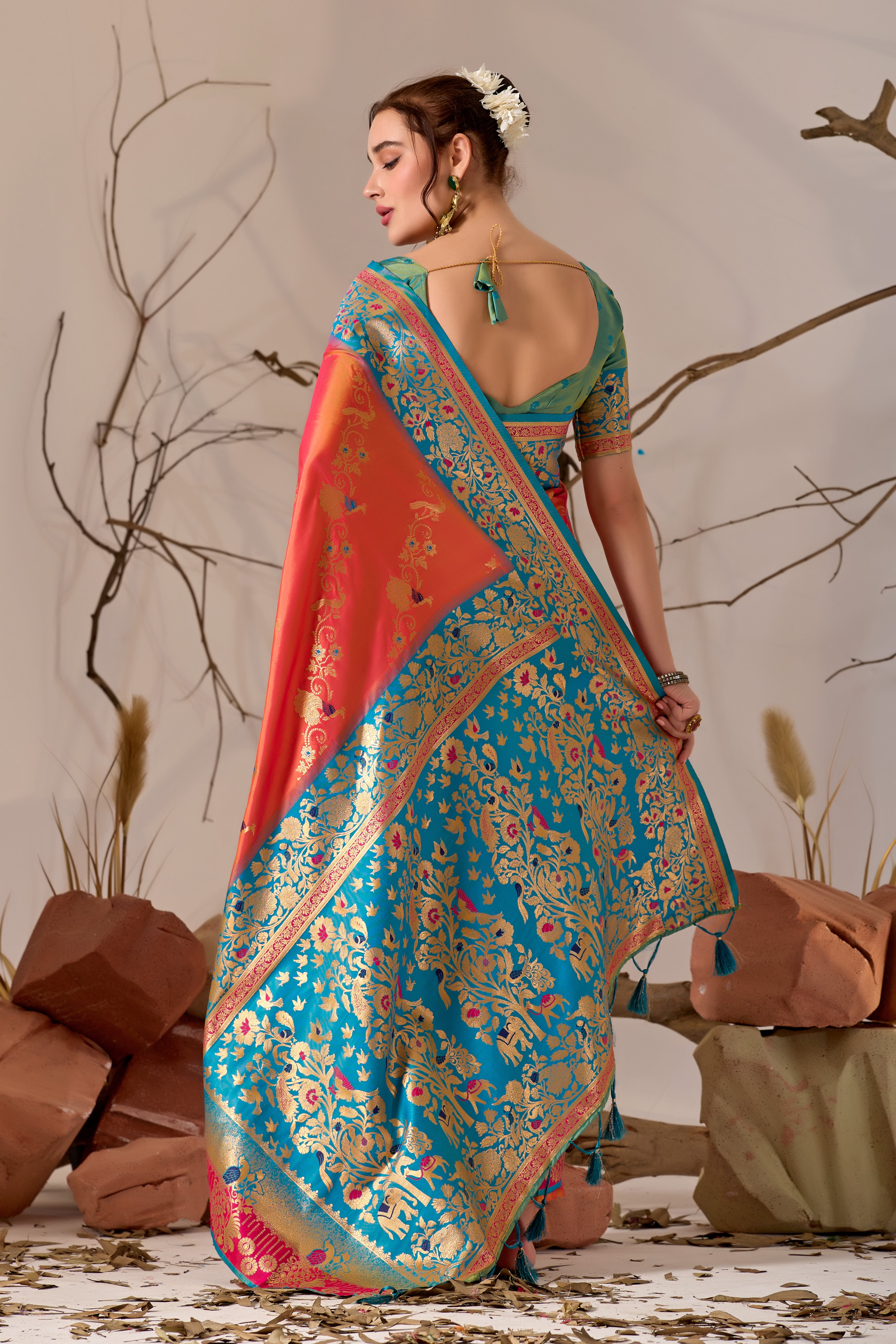 Banarasi Silk Saree with Peacock & Parrot Motifs in Pink