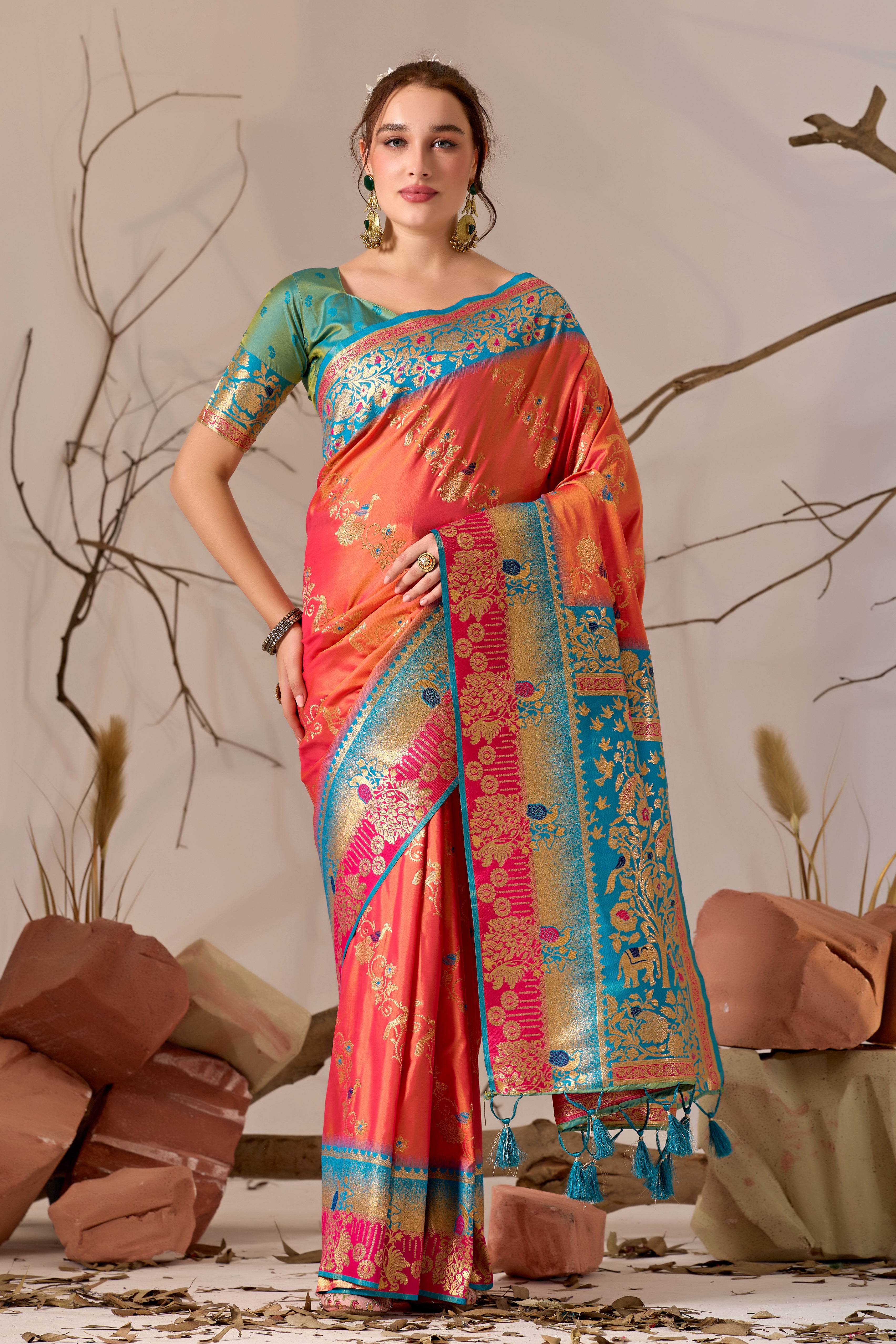 Banarasi Silk Saree with Peacock & Parrot Motifs in Pink