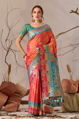 Banarasi Silk Saree with Peacock & Parrot Motifs in Pink