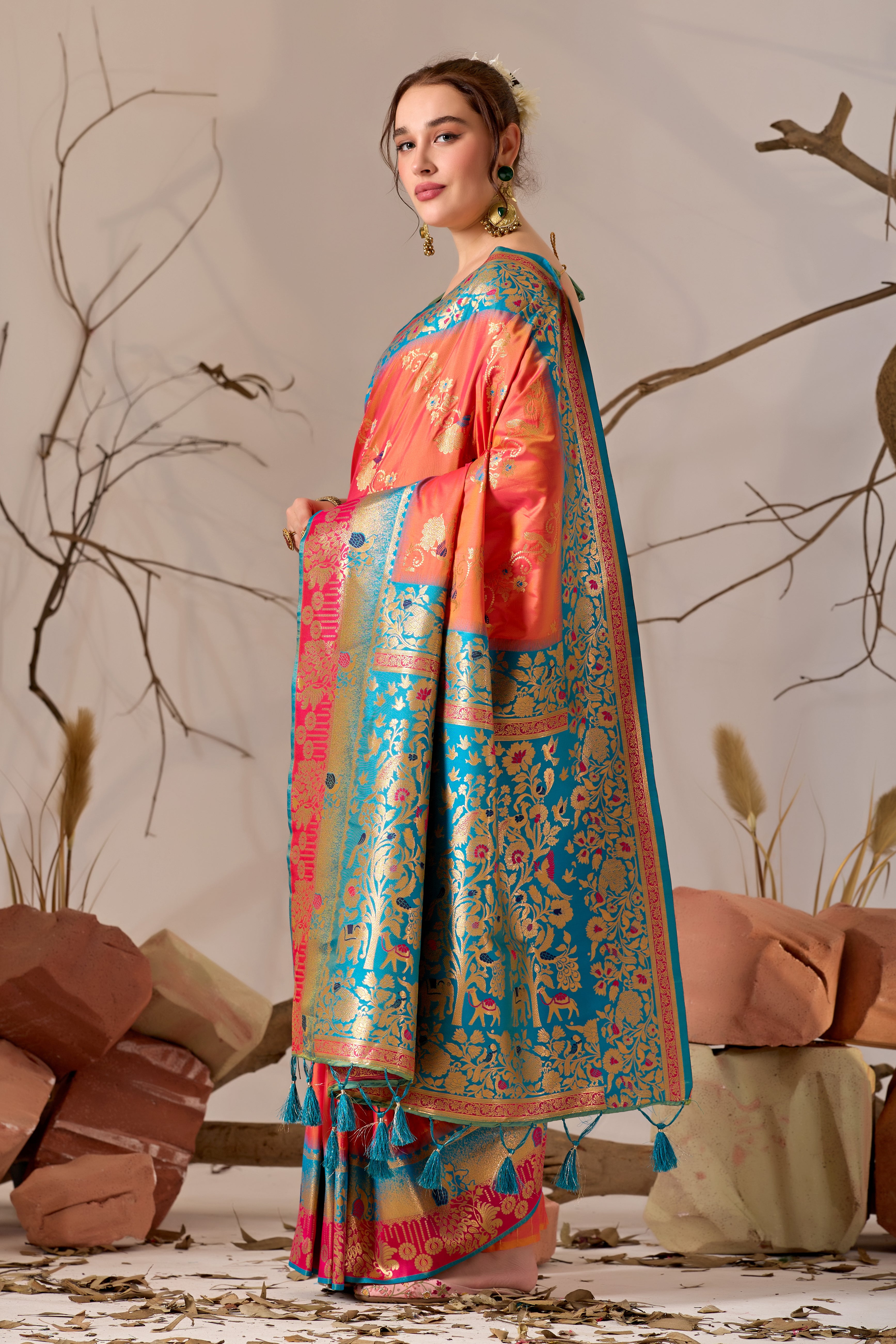 Banarasi Silk Saree with Peacock & Parrot Motifs in Pink