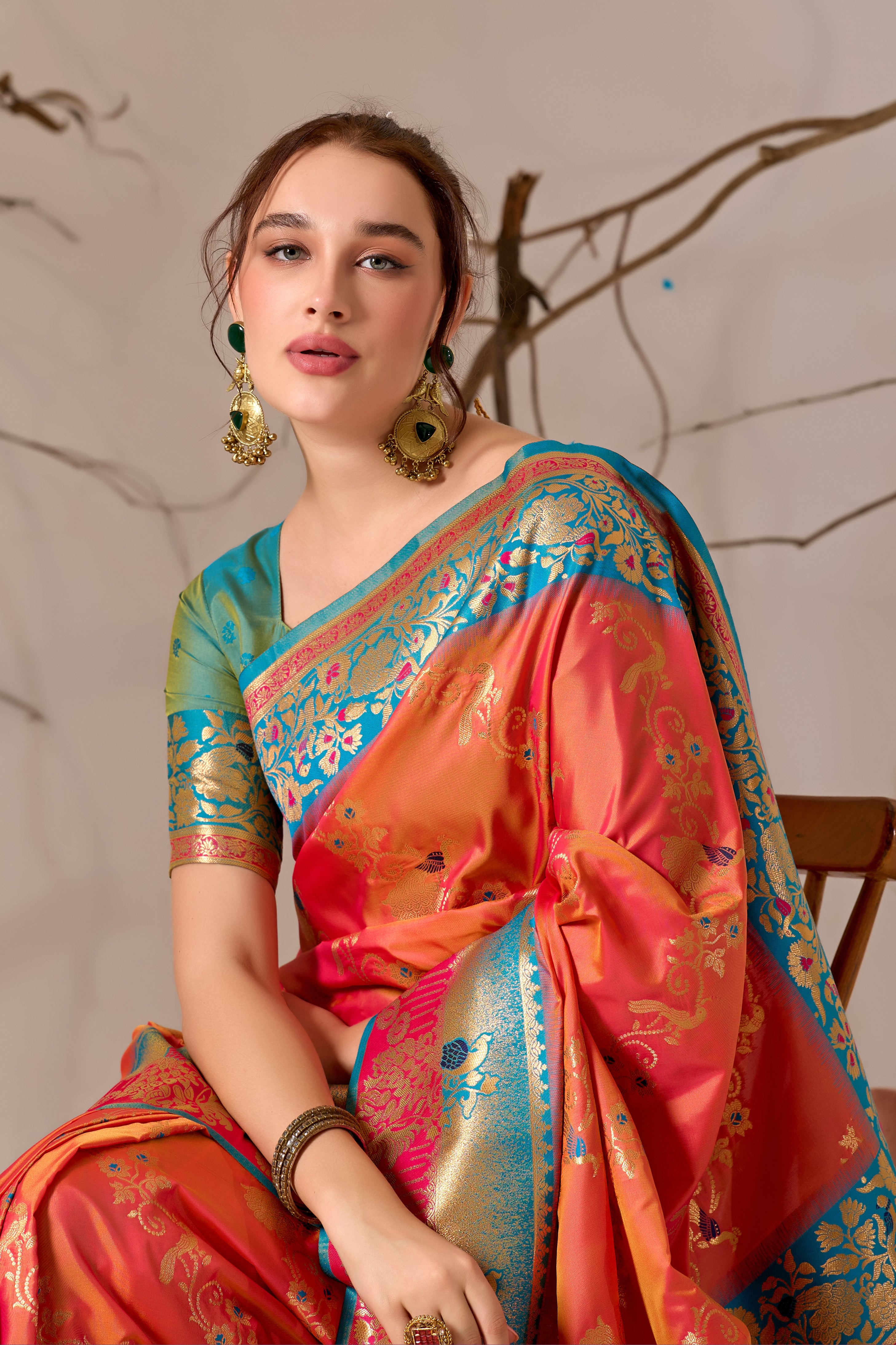 Banarasi Silk Saree with Peacock & Parrot Motifs in Pink