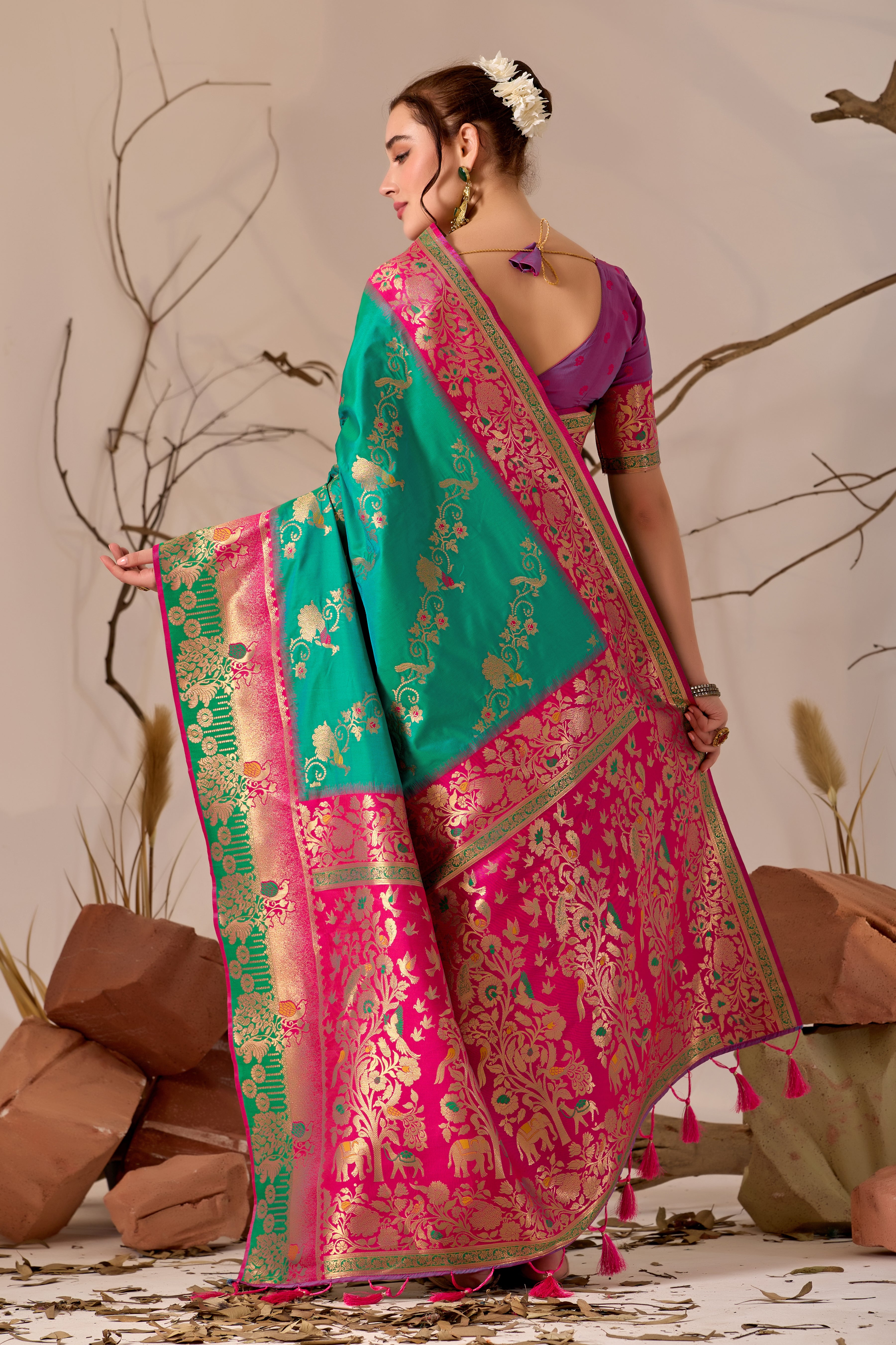 Banarasi Silk Saree with Peacock & Parrot Motifs in Parrot Green