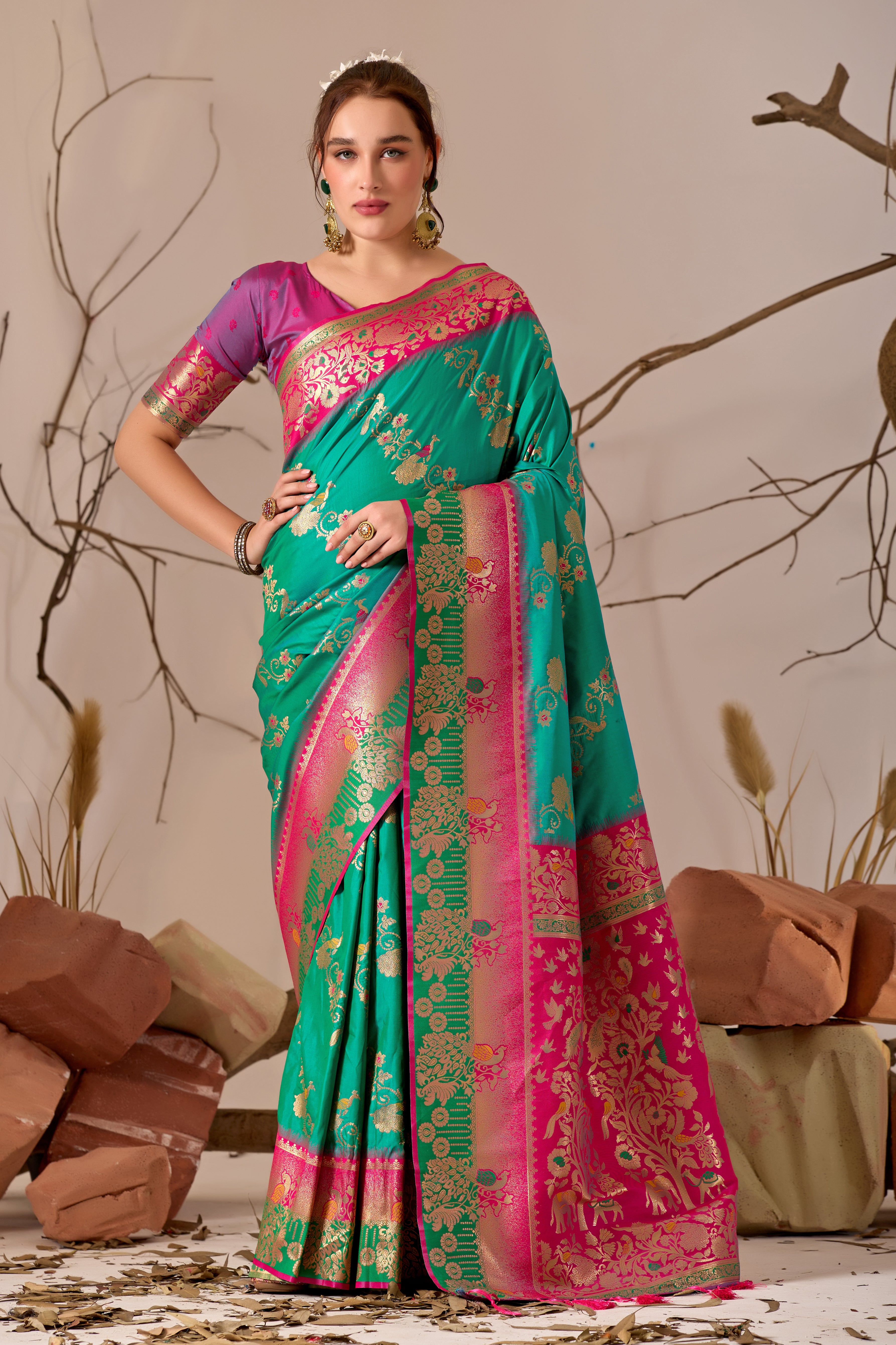 Banarasi Silk Saree with Peacock & Parrot Motifs in Parrot Green
