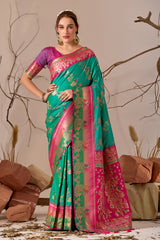 Banarasi Silk Saree with Peacock & Parrot Motifs in Parrot Green