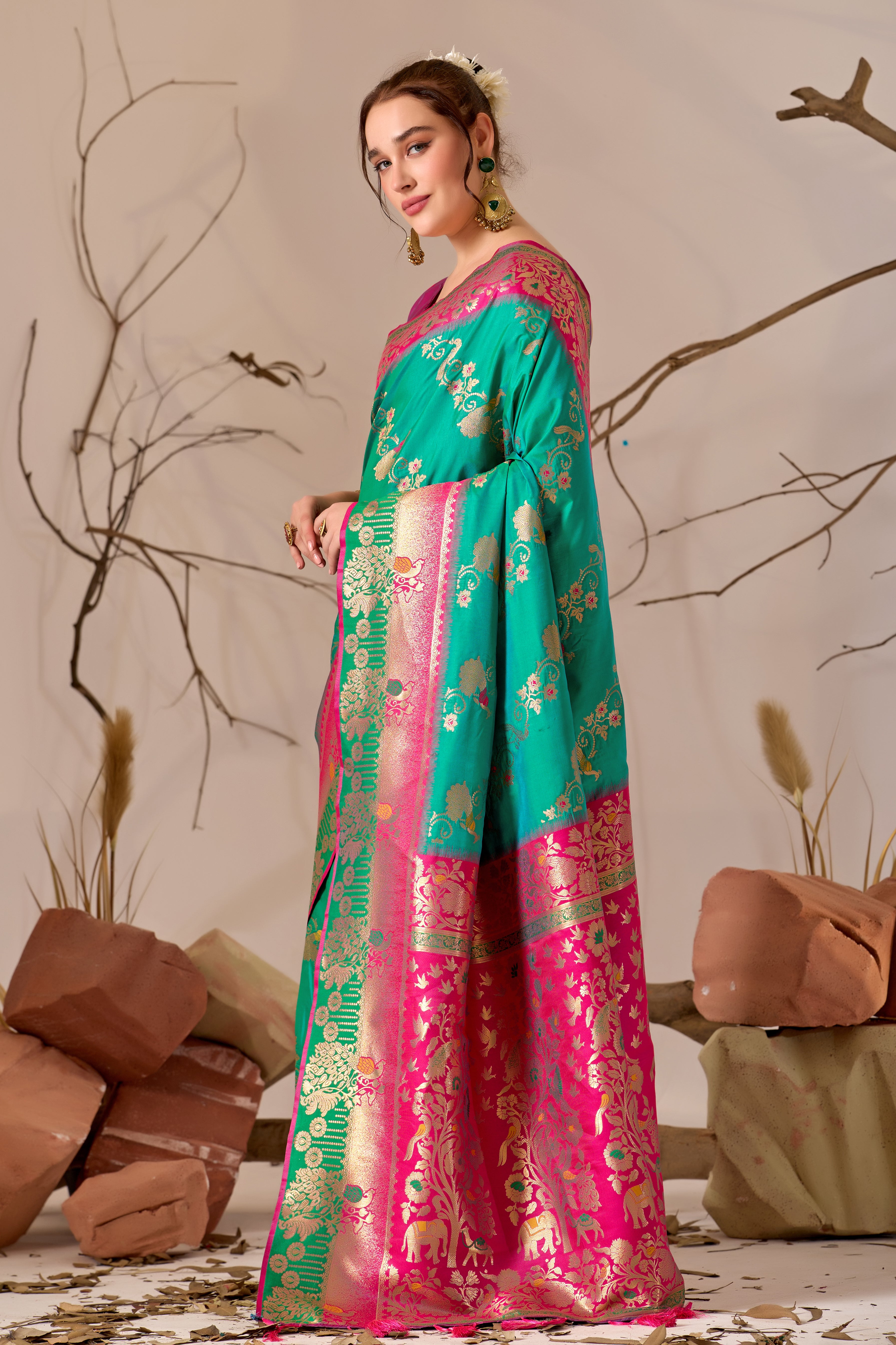 Banarasi Silk Saree with Peacock & Parrot Motifs in Parrot Green