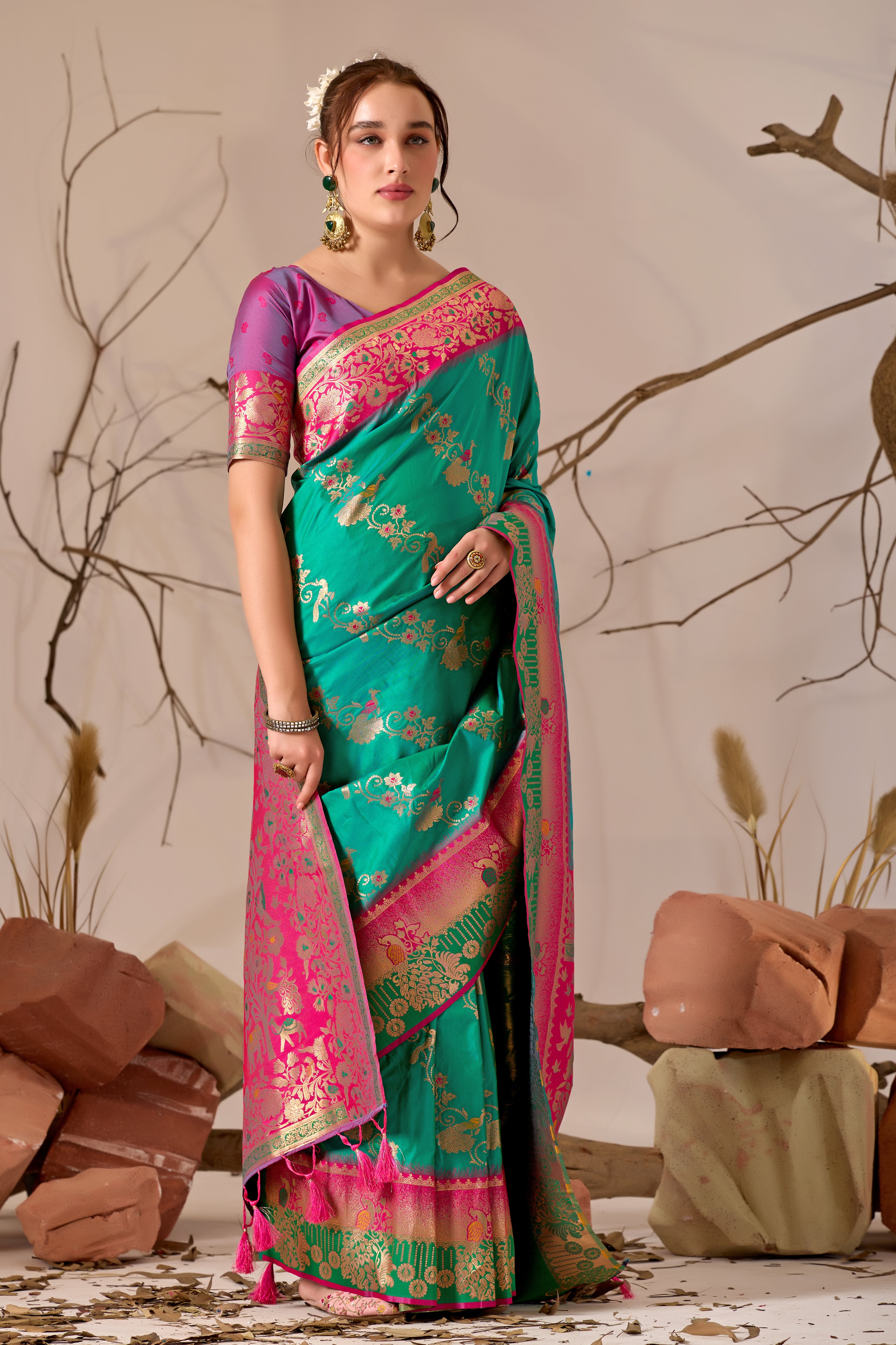 Banarasi Silk Saree with Peacock & Parrot Motifs in Parrot Green