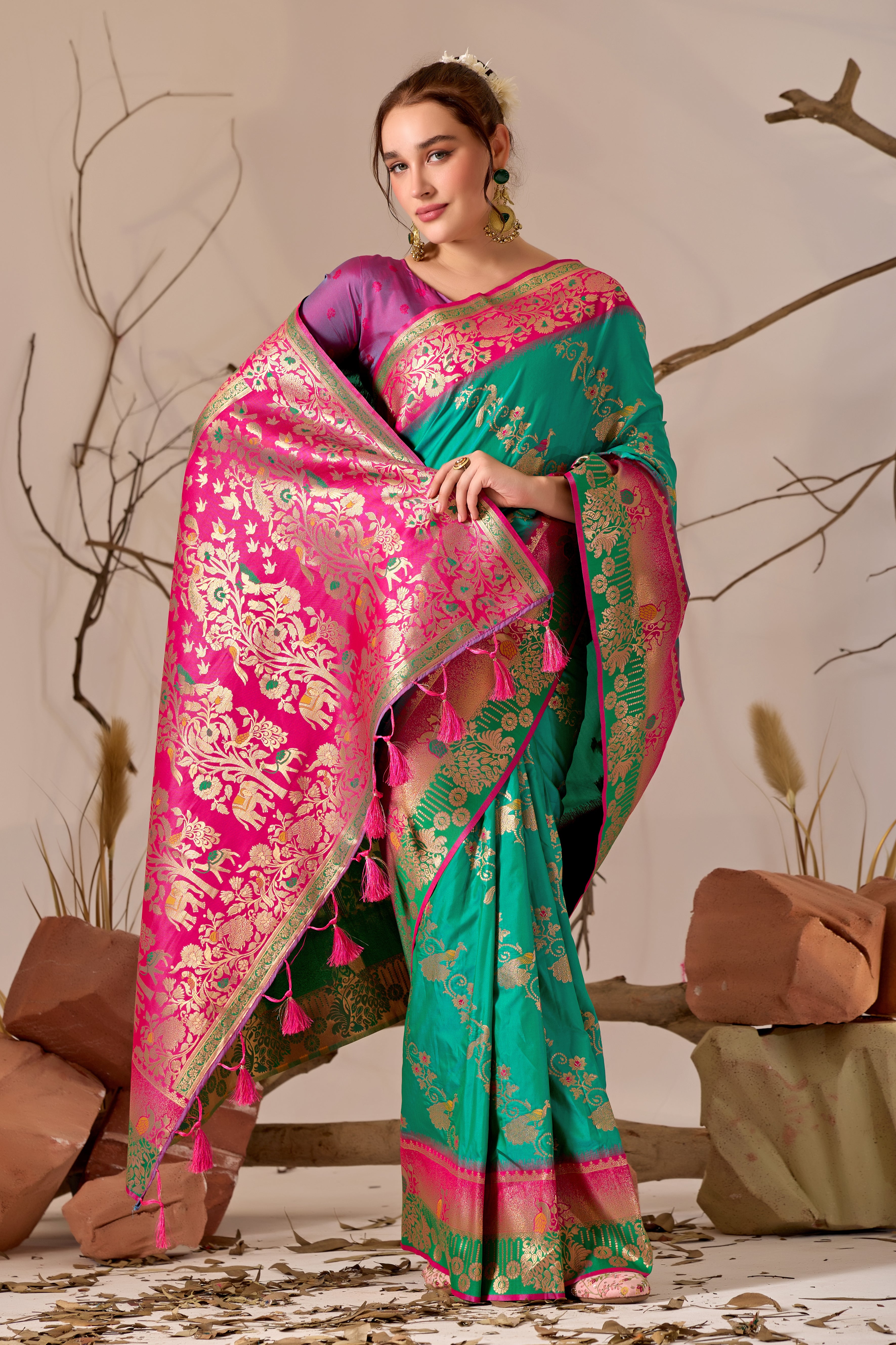 Banarasi Silk Saree with Peacock & Parrot Motifs in Parrot Green