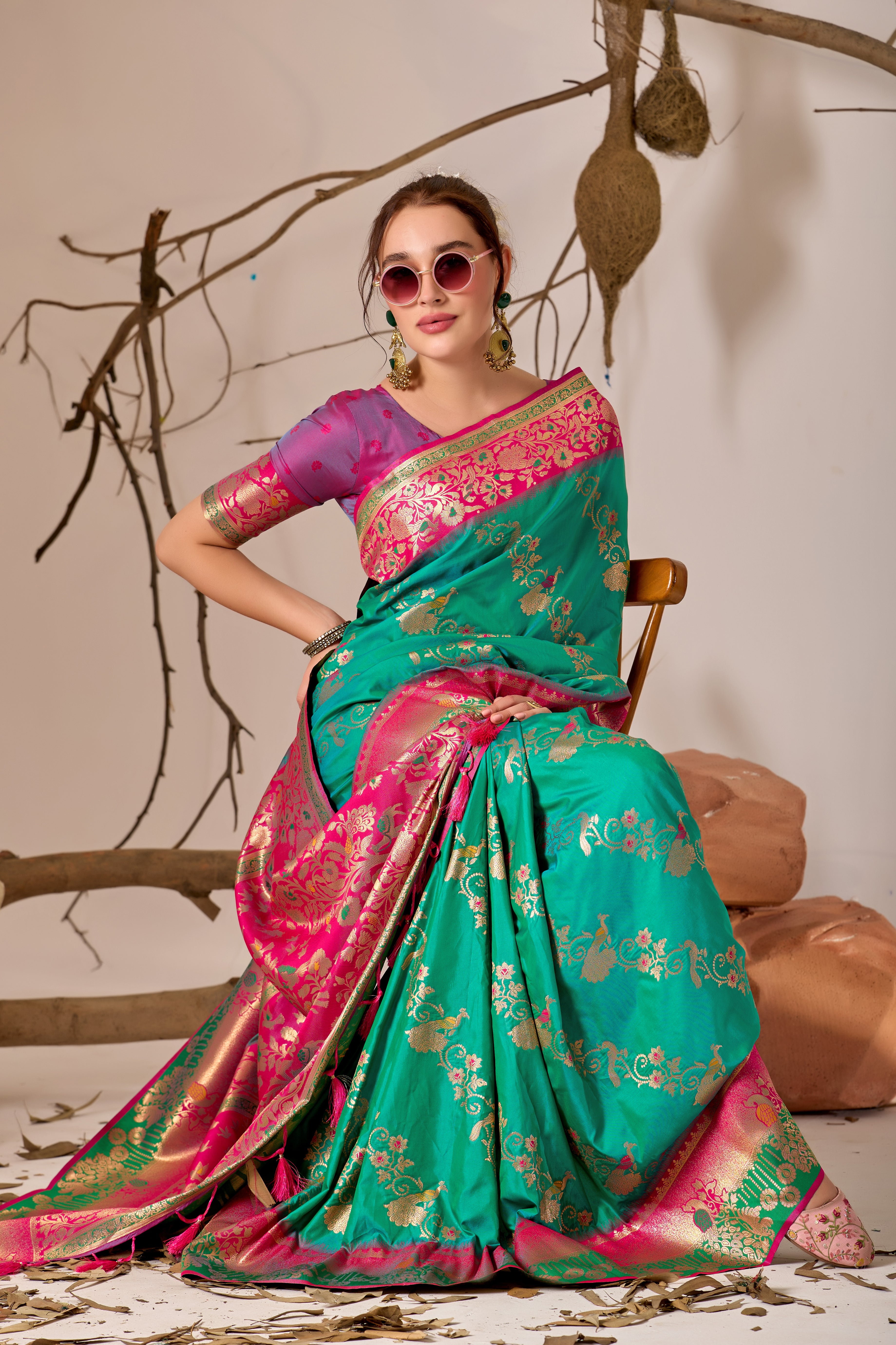Banarasi Silk Saree with Peacock & Parrot Motifs in Parrot Green