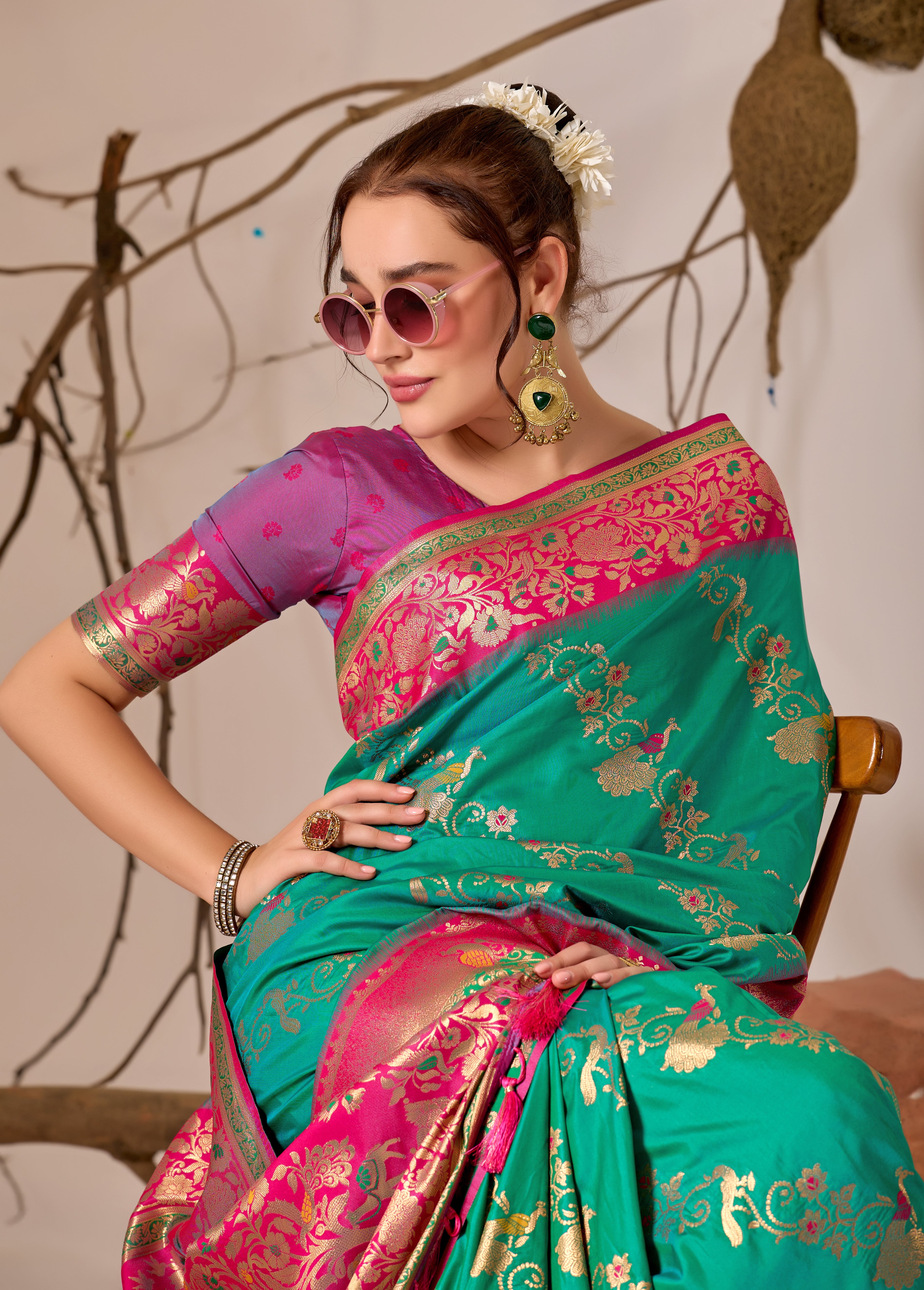 Banarasi Silk Saree with Peacock & Parrot Motifs in Parrot Green