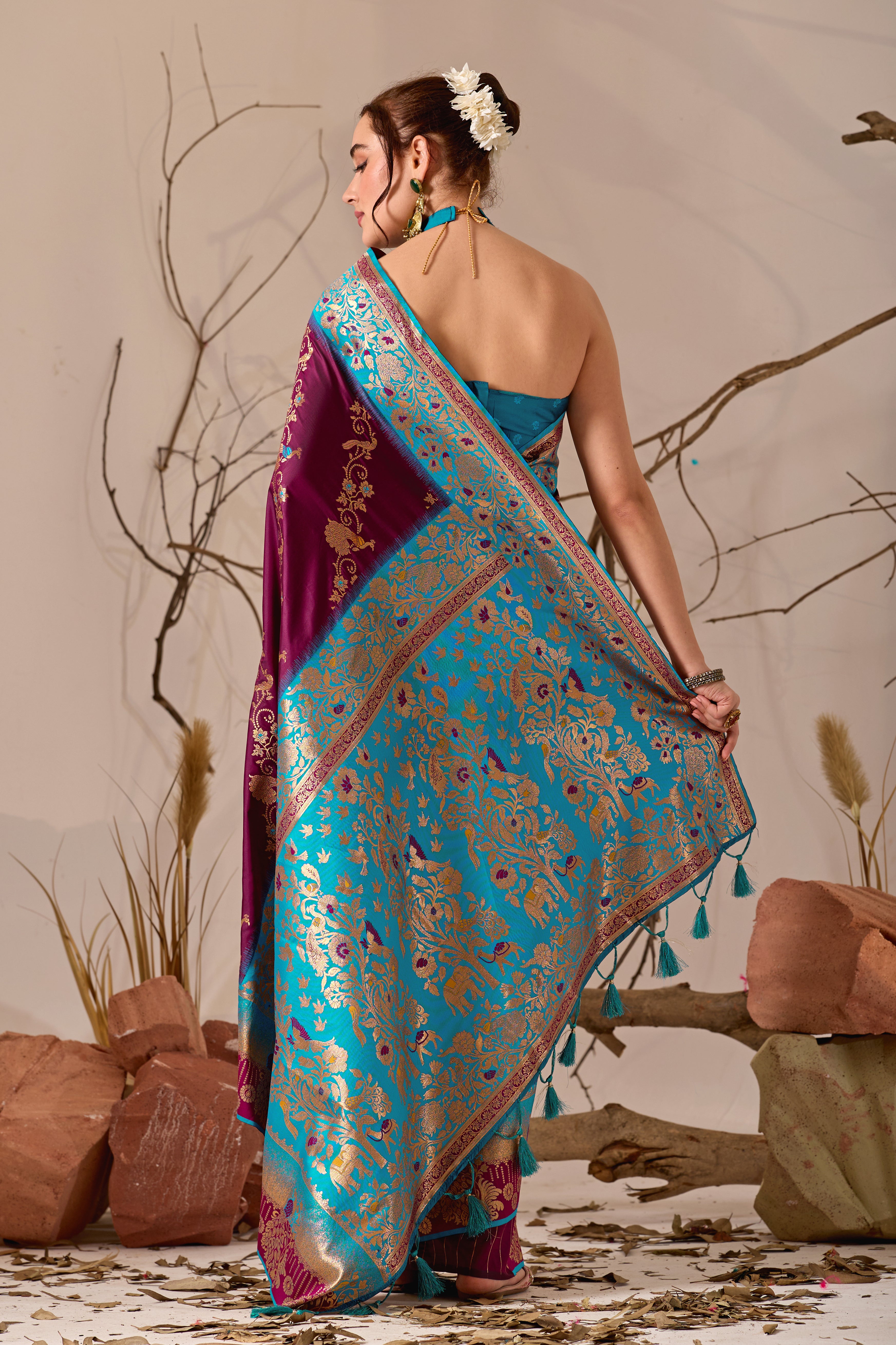 Banarasi Silk Saree with Peacock & Parrot Motifs in Wine