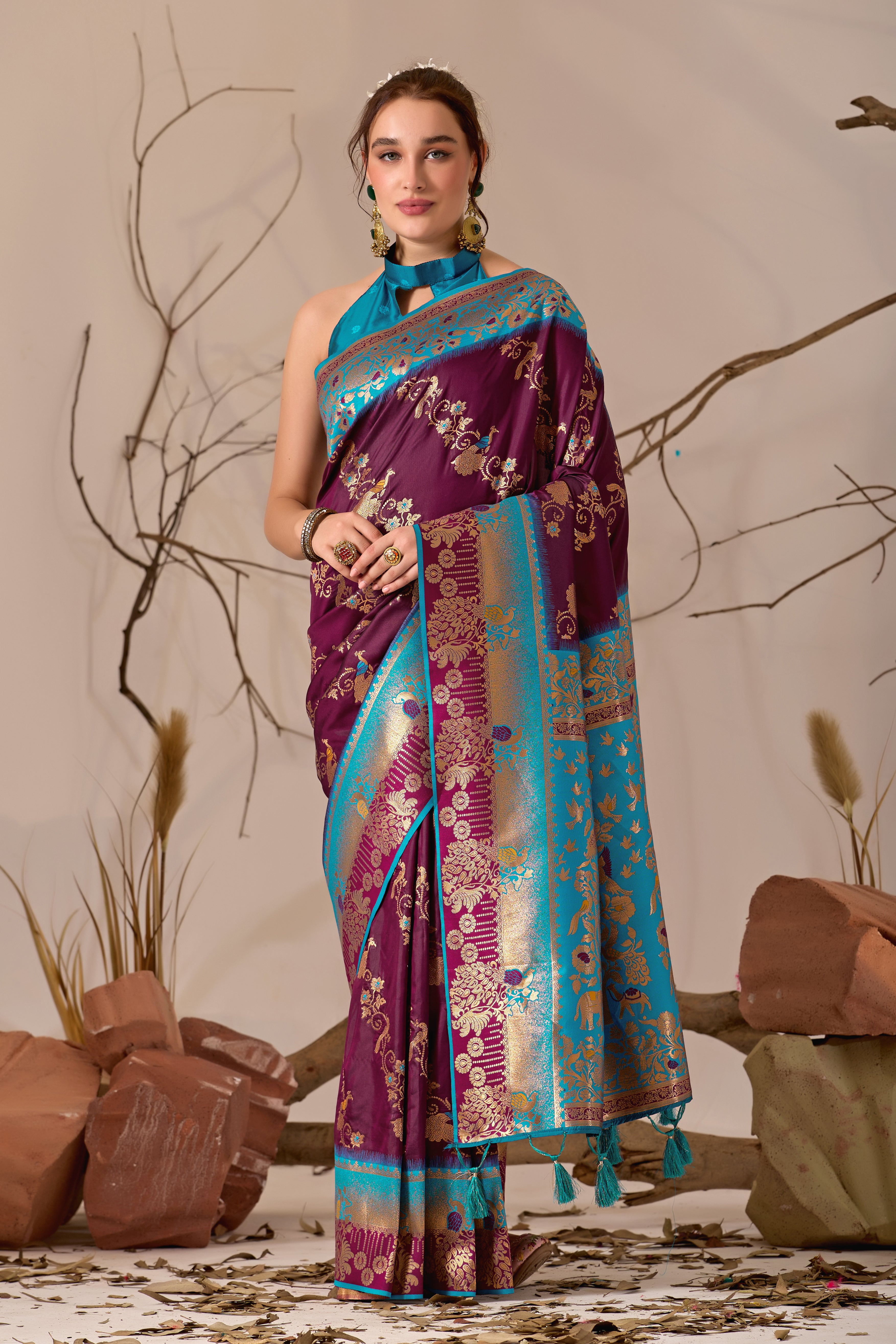 Banarasi Silk Saree with Peacock & Parrot Motifs in Wine