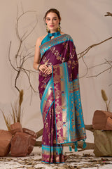 Banarasi Silk Saree with Peacock & Parrot Motifs in Wine
