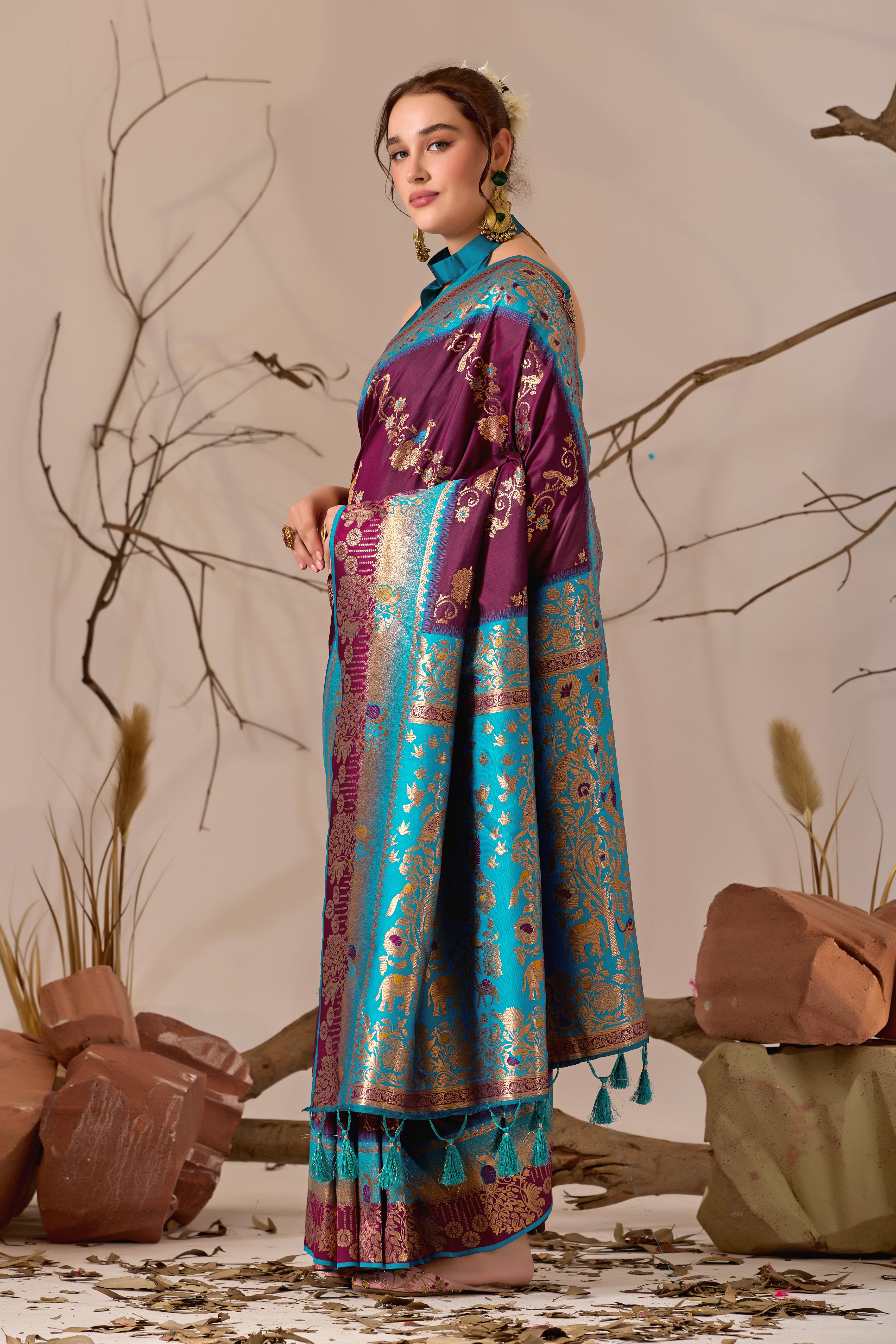 Banarasi Silk Saree with Peacock & Parrot Motifs in Wine