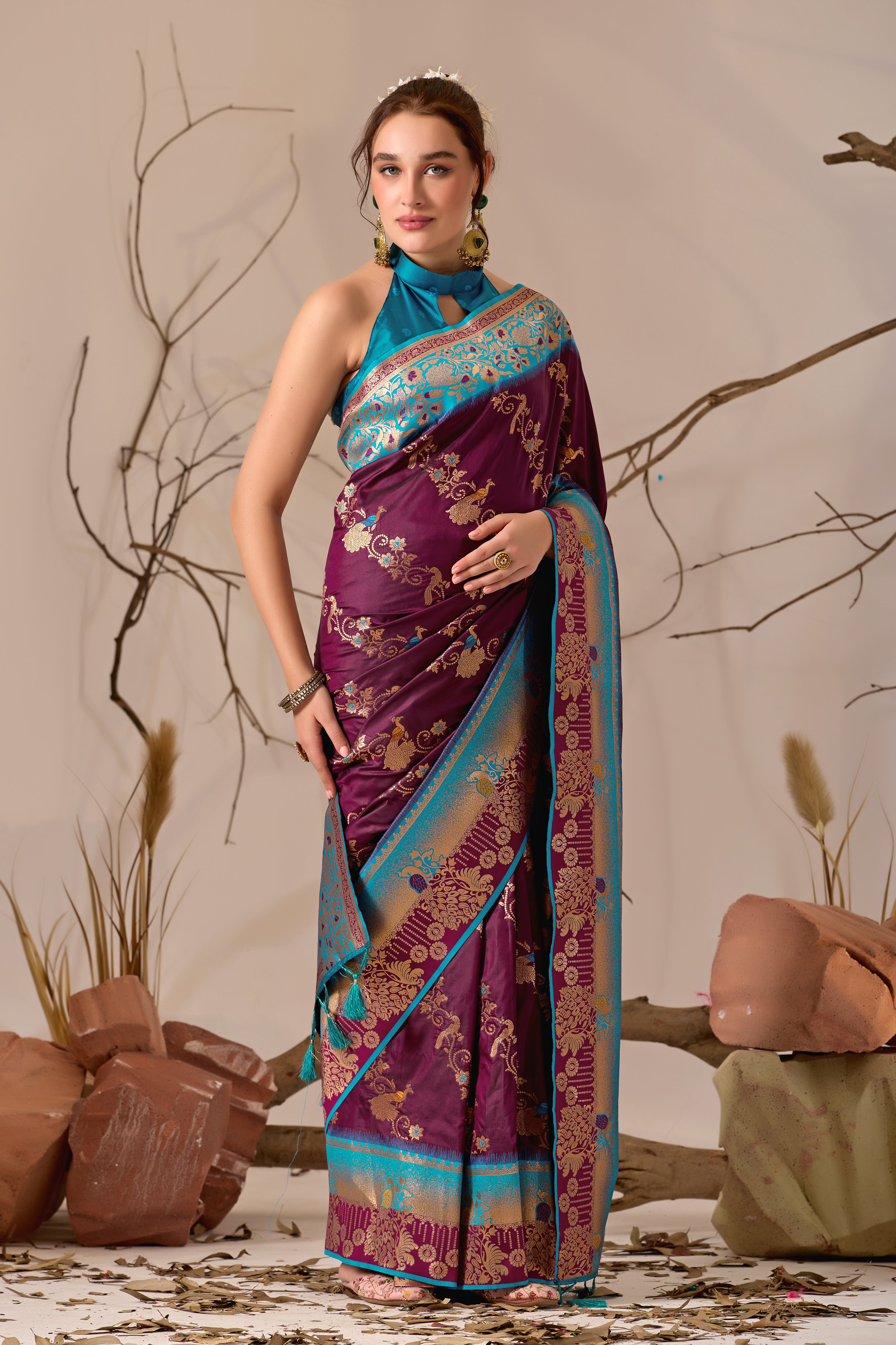 Banarasi Silk Saree with Peacock & Parrot Motifs in Wine