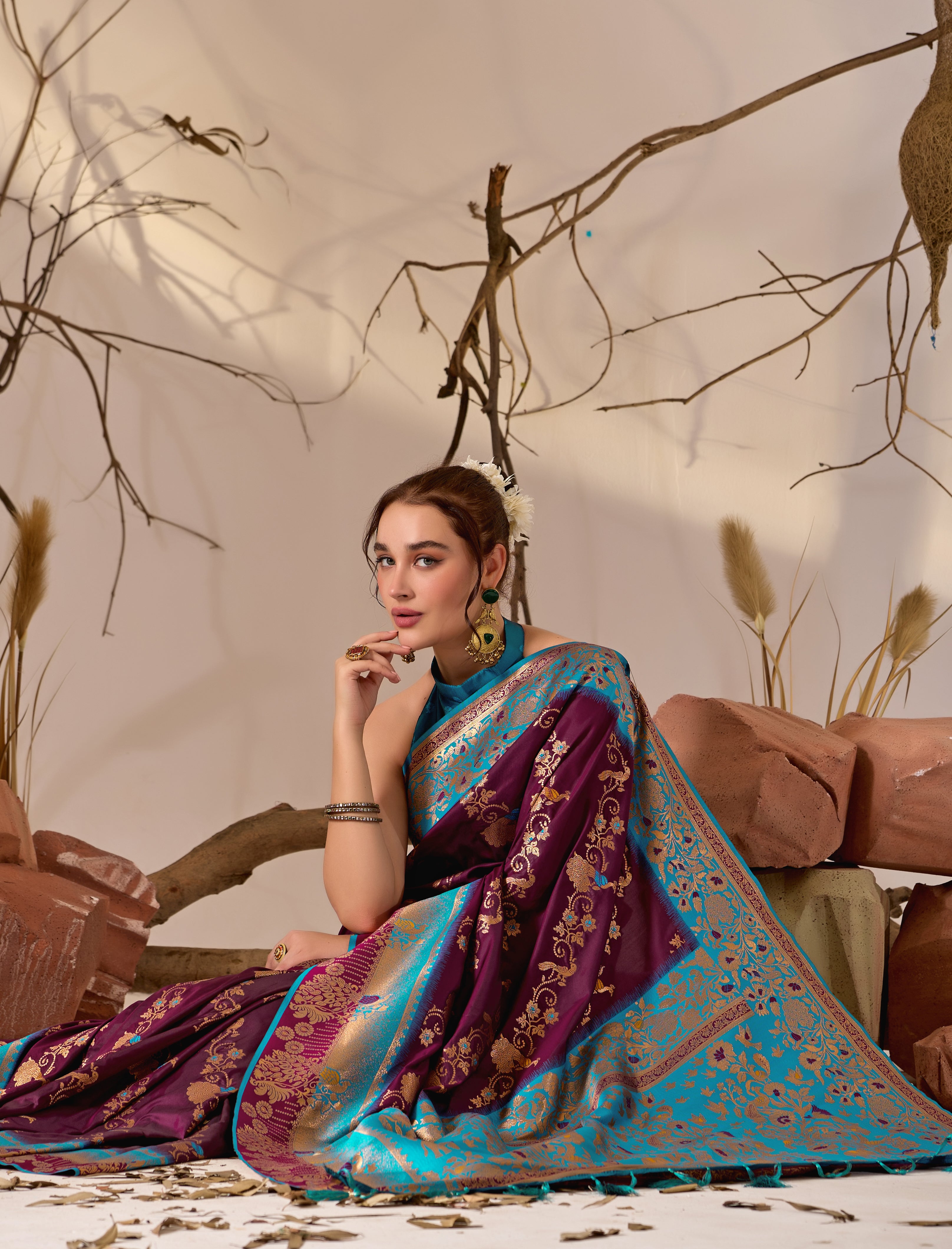 Banarasi Silk Saree with Peacock & Parrot Motifs in Wine