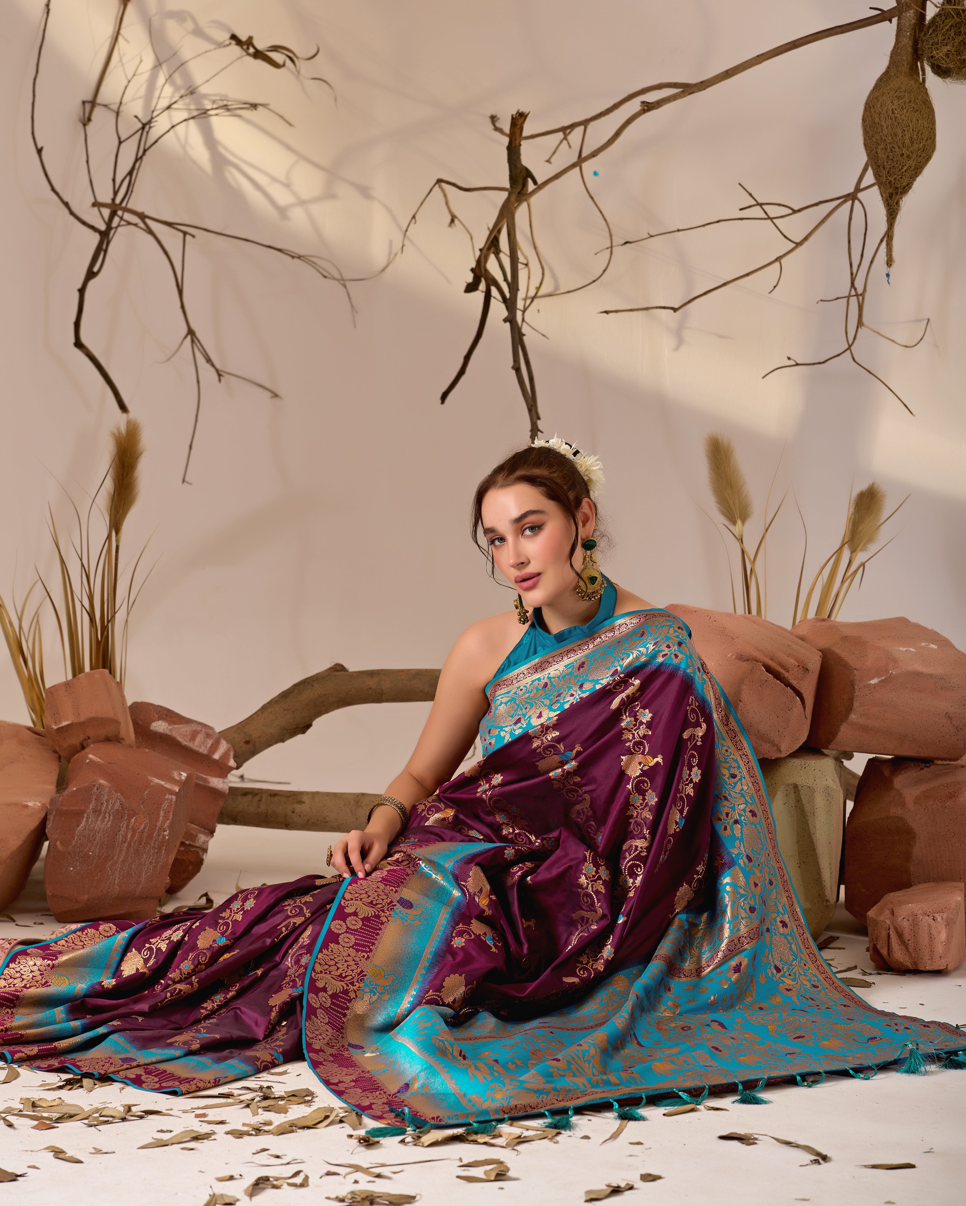 Banarasi Silk Saree with Peacock & Parrot Motifs in Wine