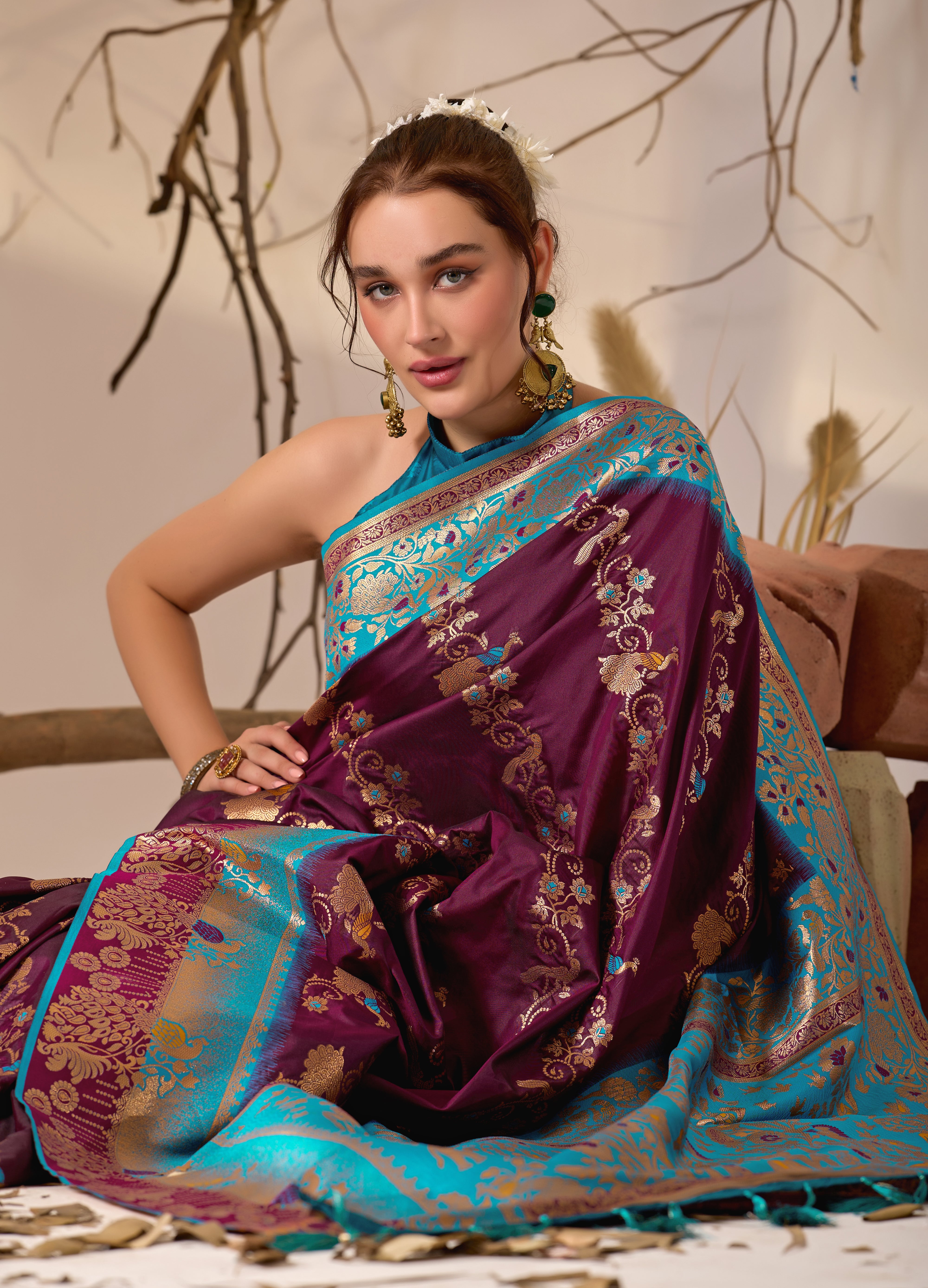 Banarasi Silk Saree with Peacock & Parrot Motifs in Wine