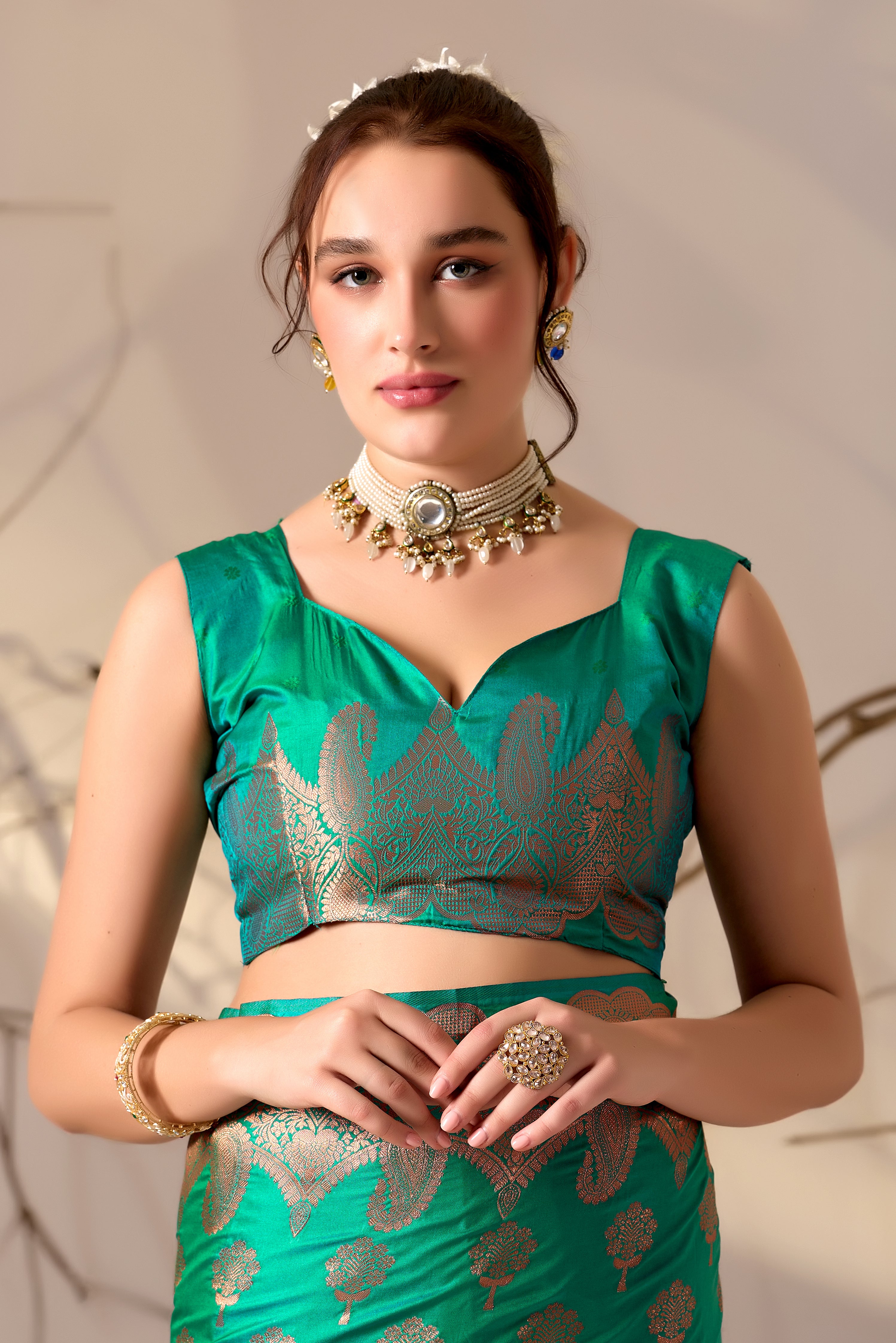 Charita Rose Banarasi Silk in Perrot Green
