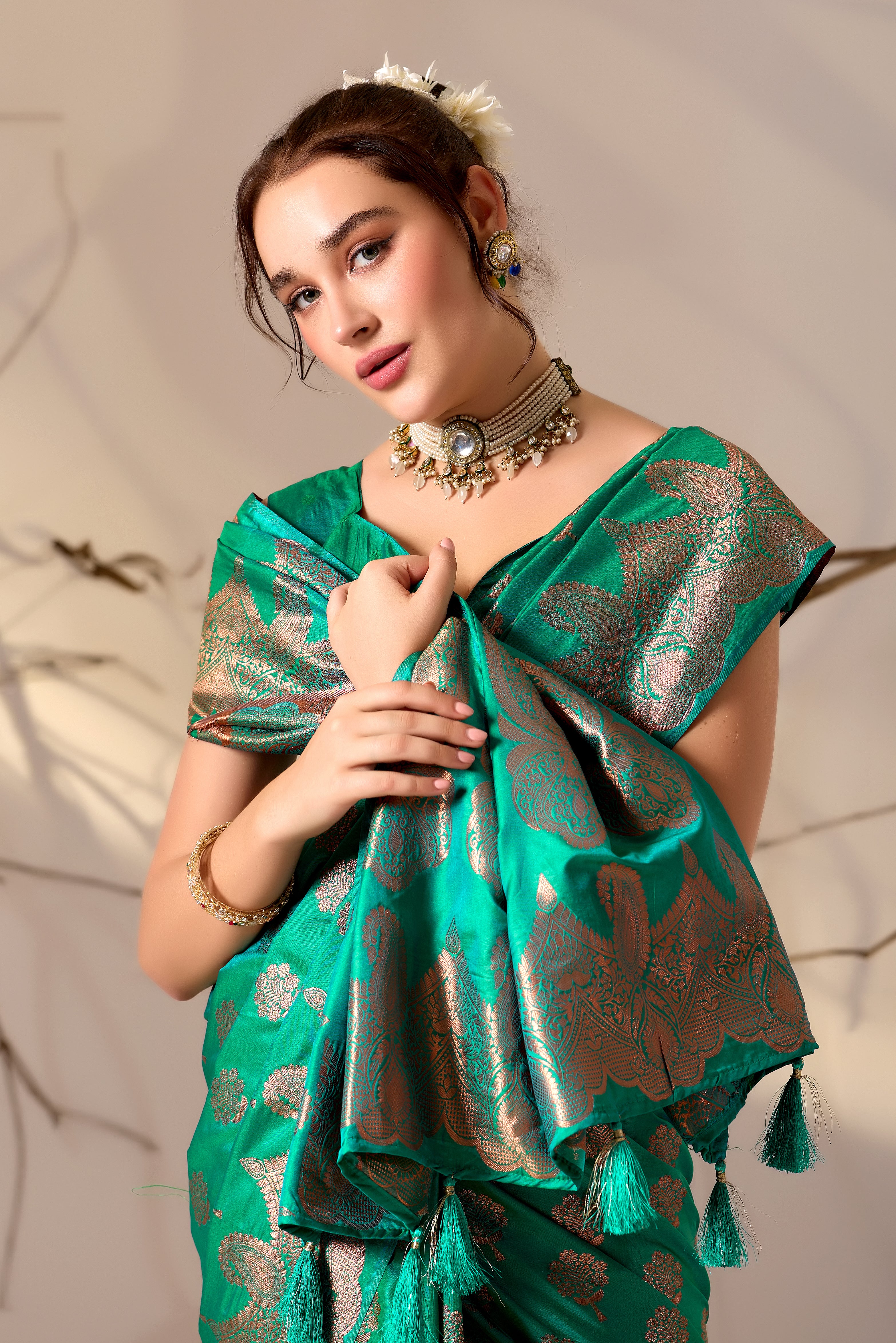 Charita Rose Banarasi Silk in Perrot Green