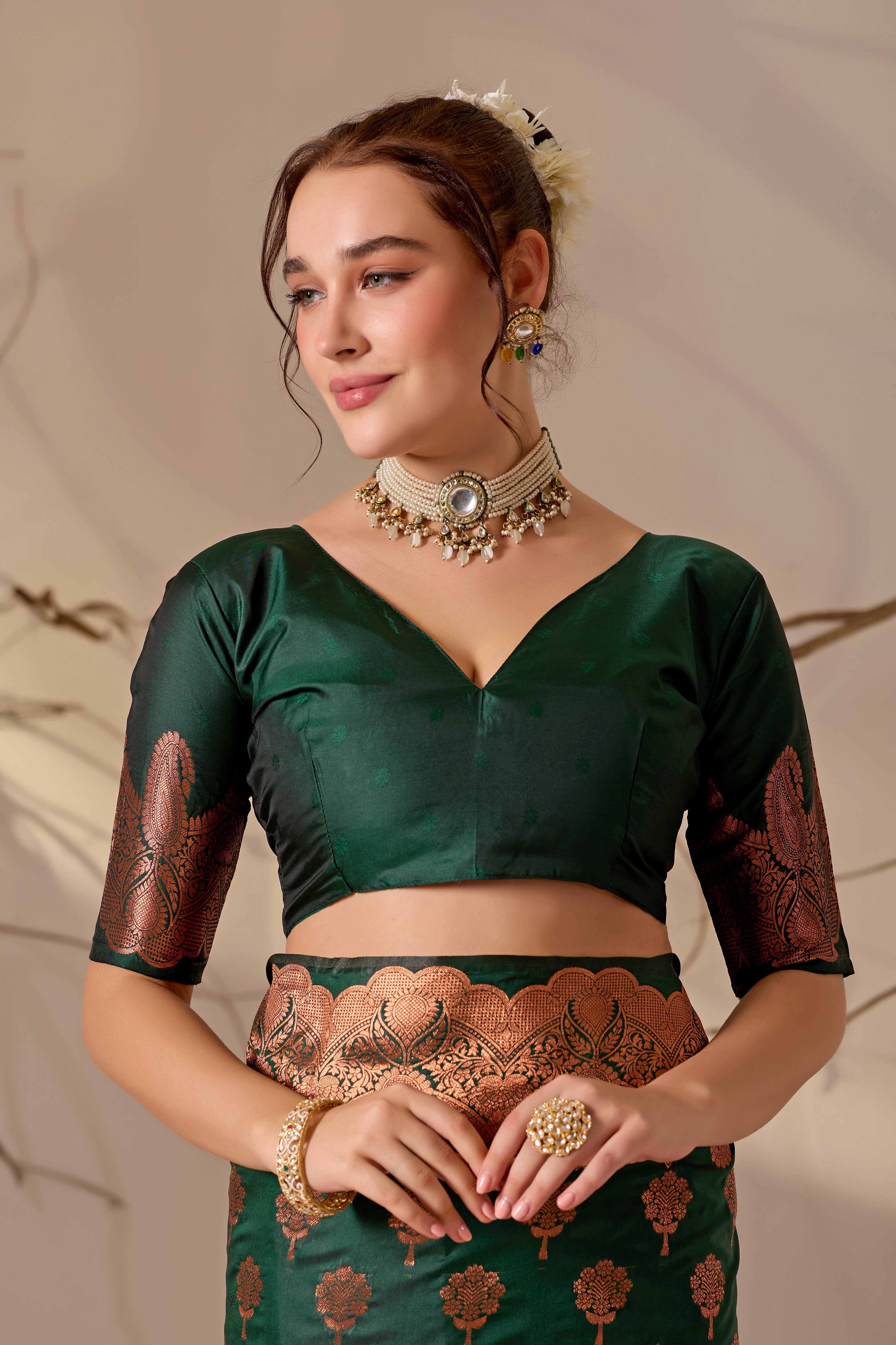 Charita Rose Banarasi Silk in Bottle Green