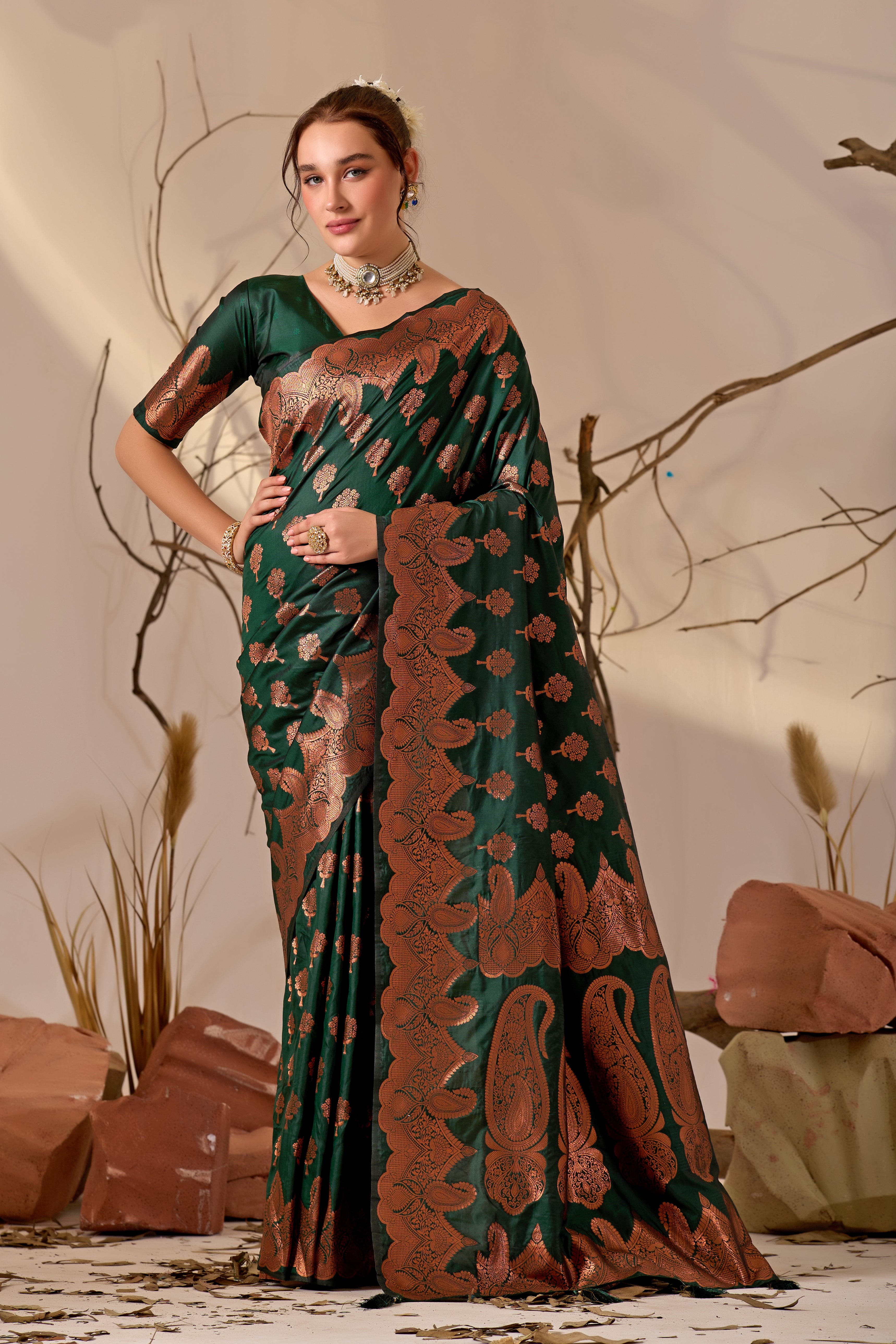 Charita Rose Banarasi Silk in Bottle Green
