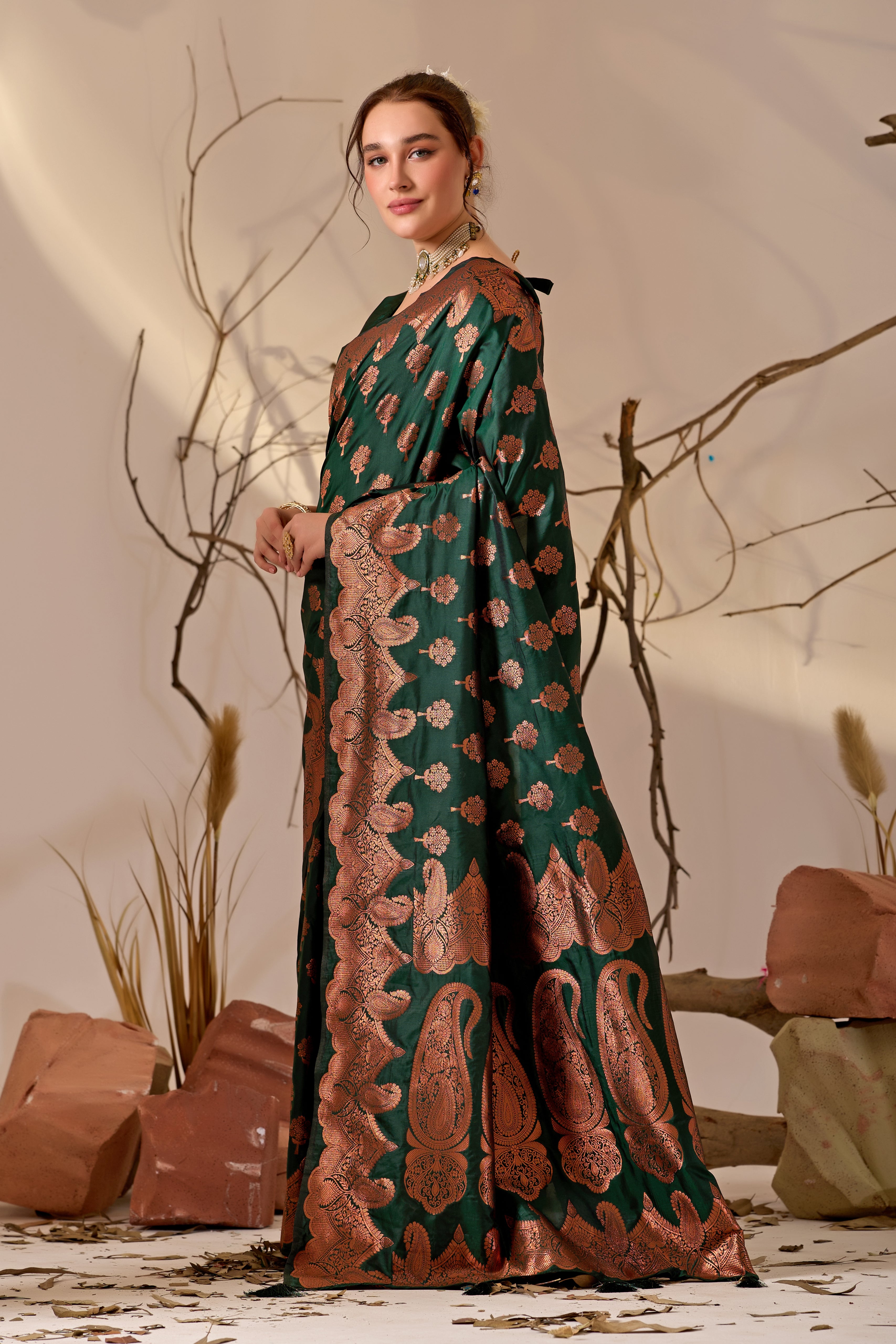 Charita Rose Banarasi Silk in Bottle Green