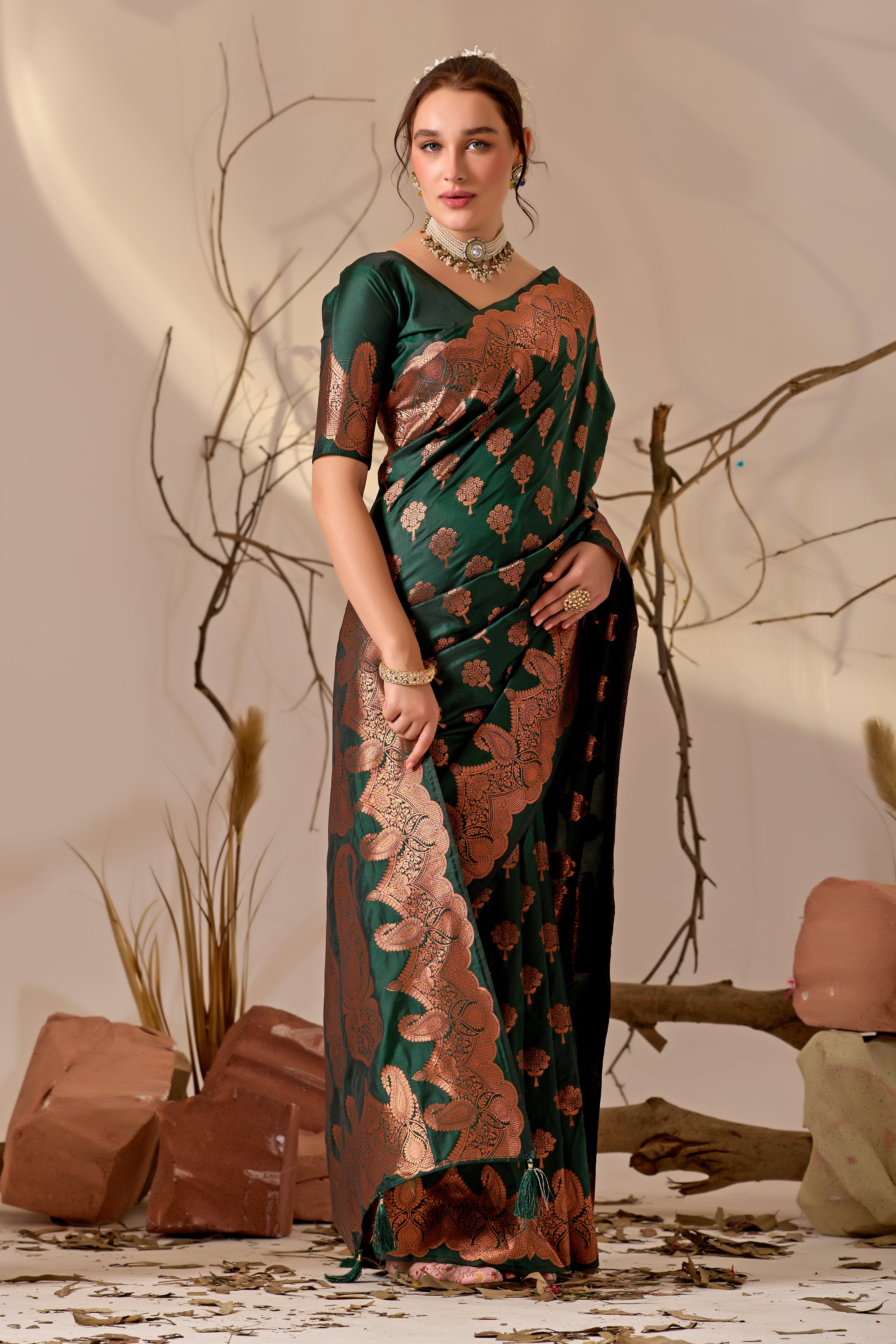 Charita Rose Banarasi Silk in Bottle Green