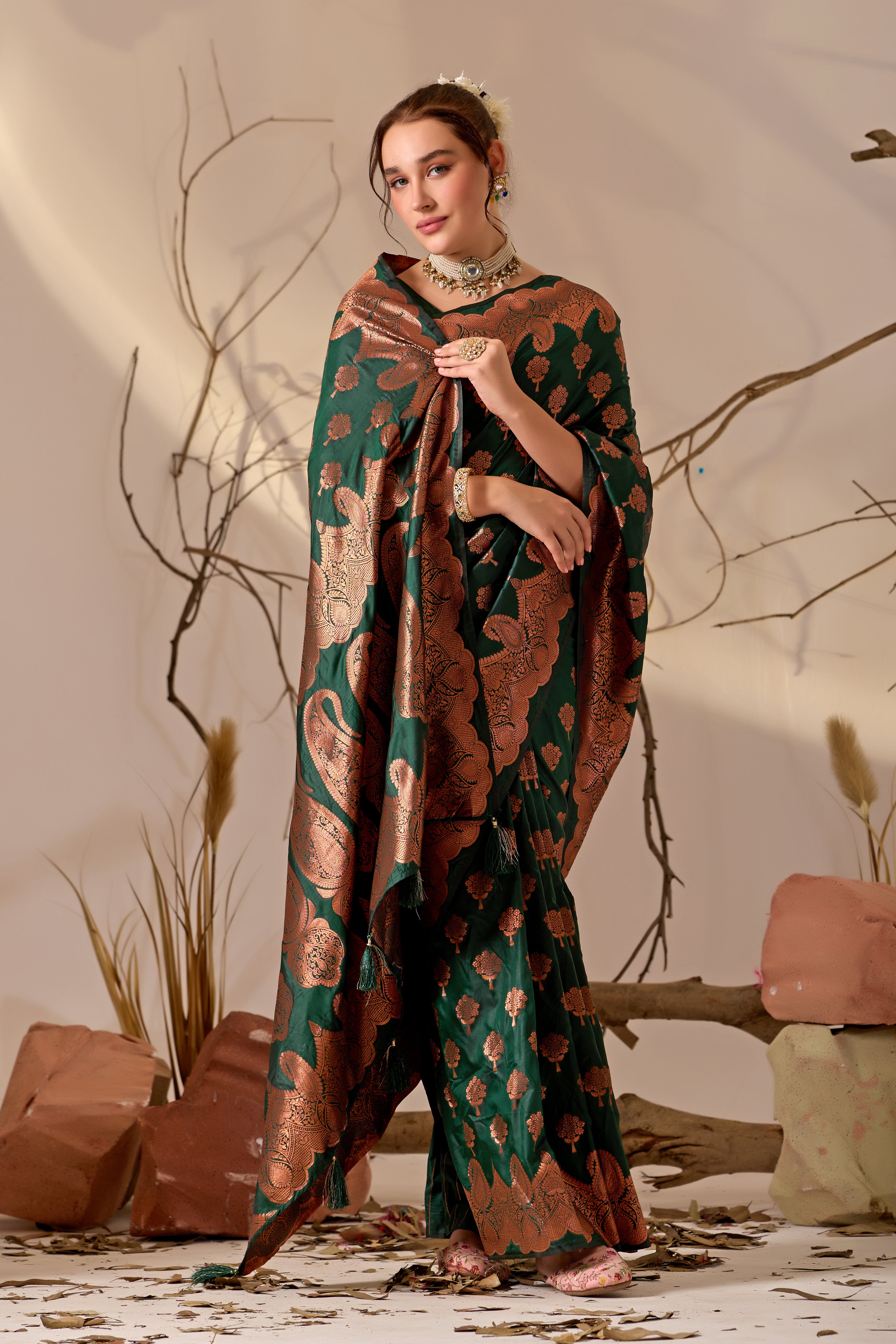 Charita Rose Banarasi Silk in Bottle Green