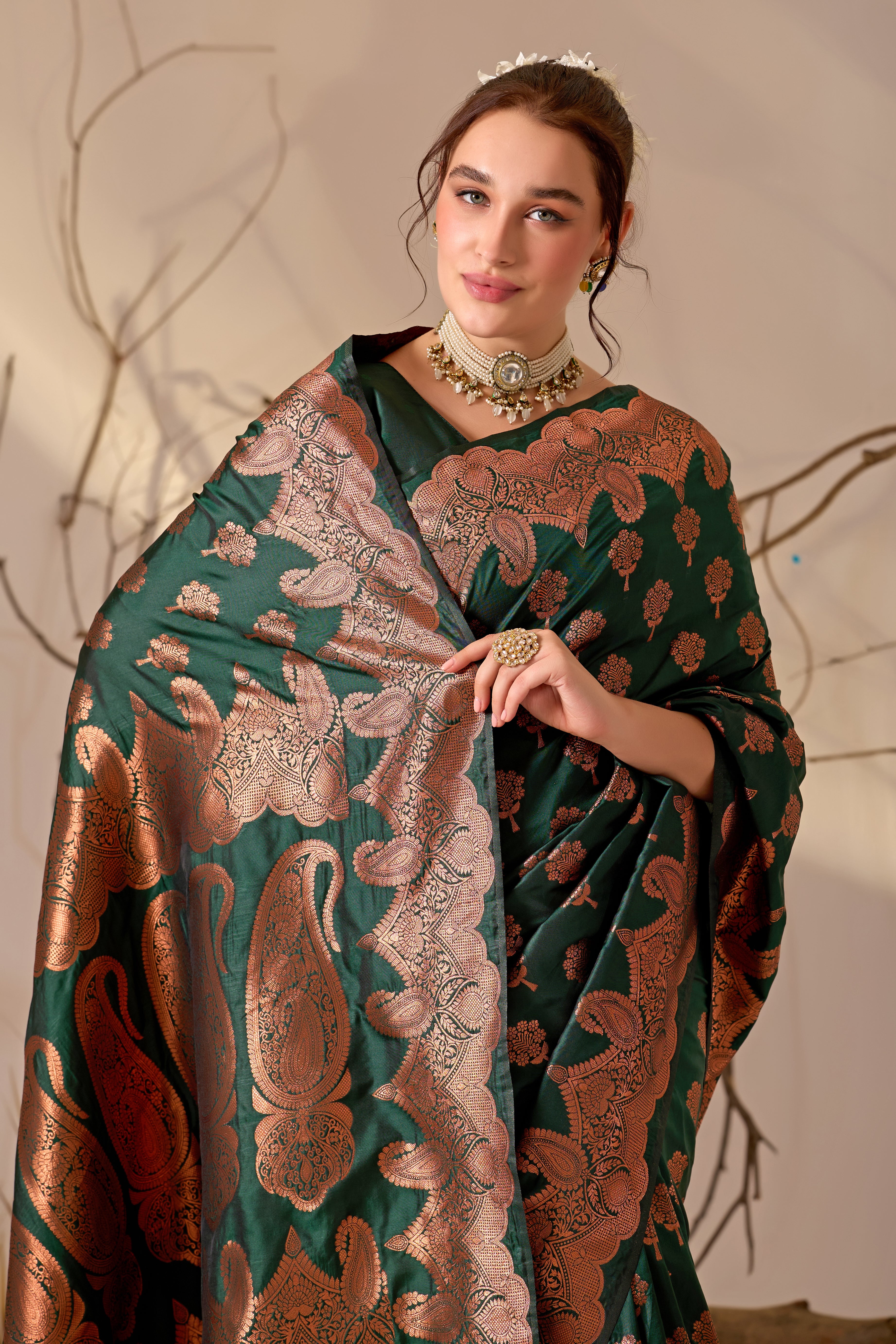 Charita Rose Banarasi Silk in Bottle Green
