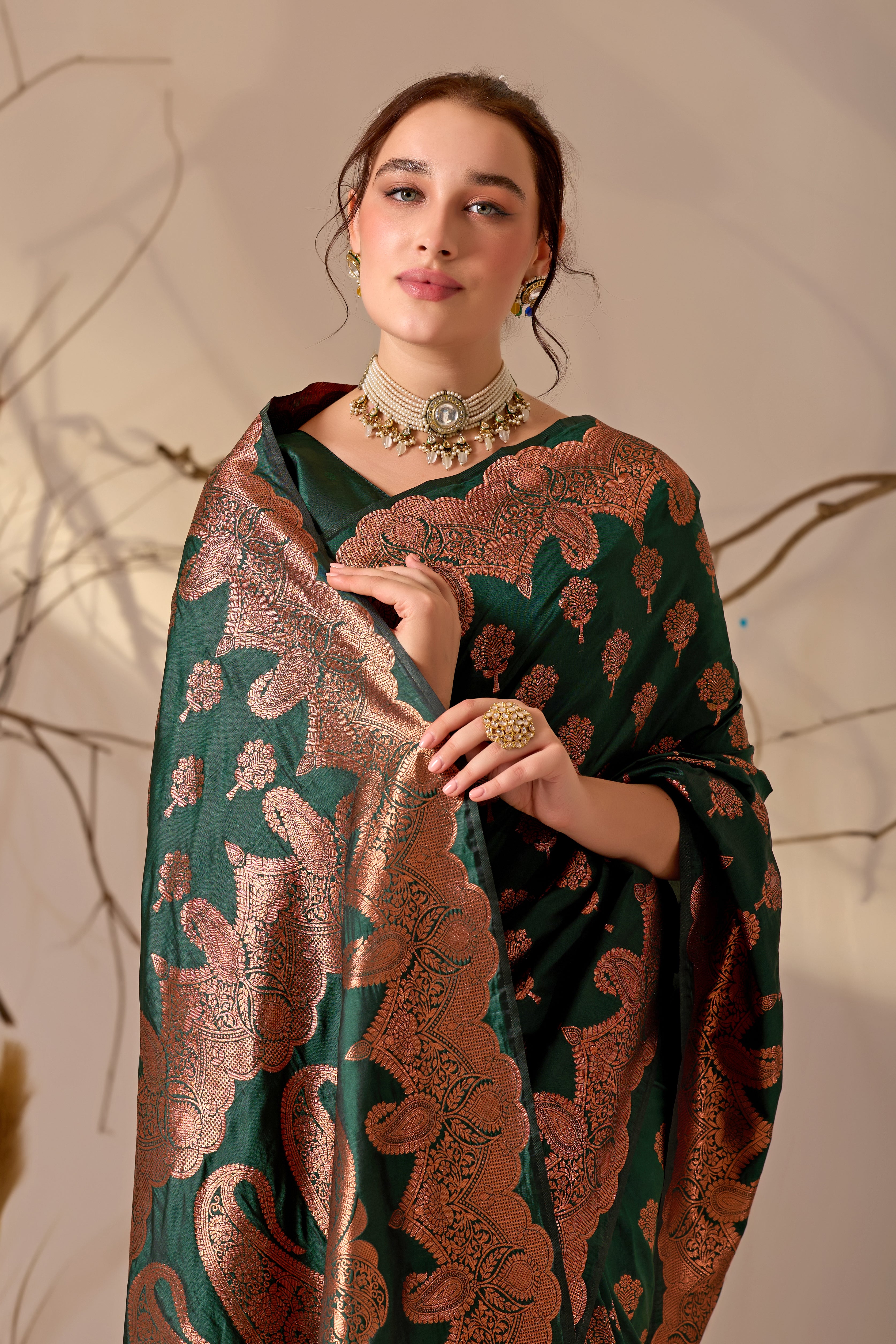 Charita Rose Banarasi Silk in Bottle Green