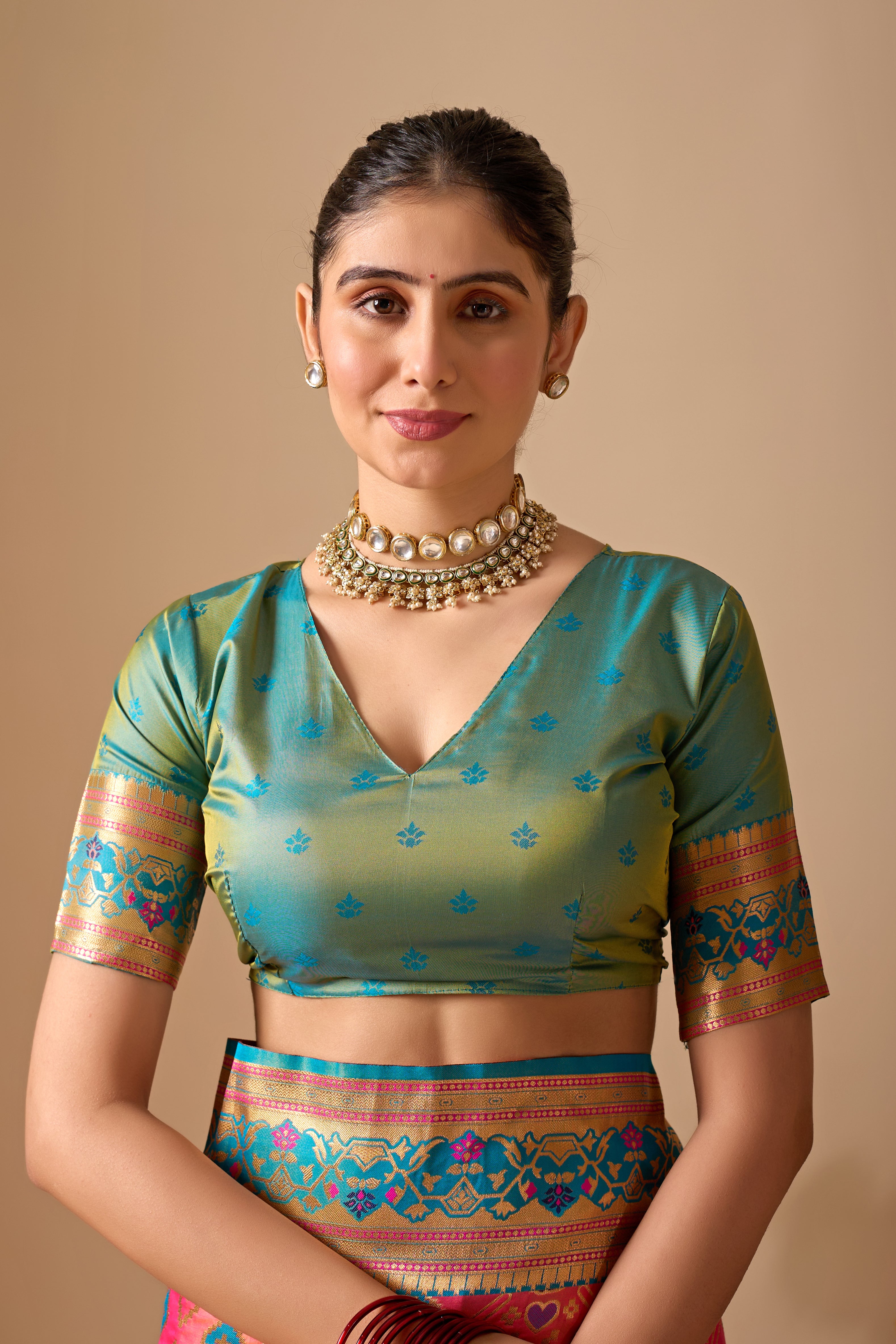 Patola Banarasi Silk Saree in Pink and Rama Contrast