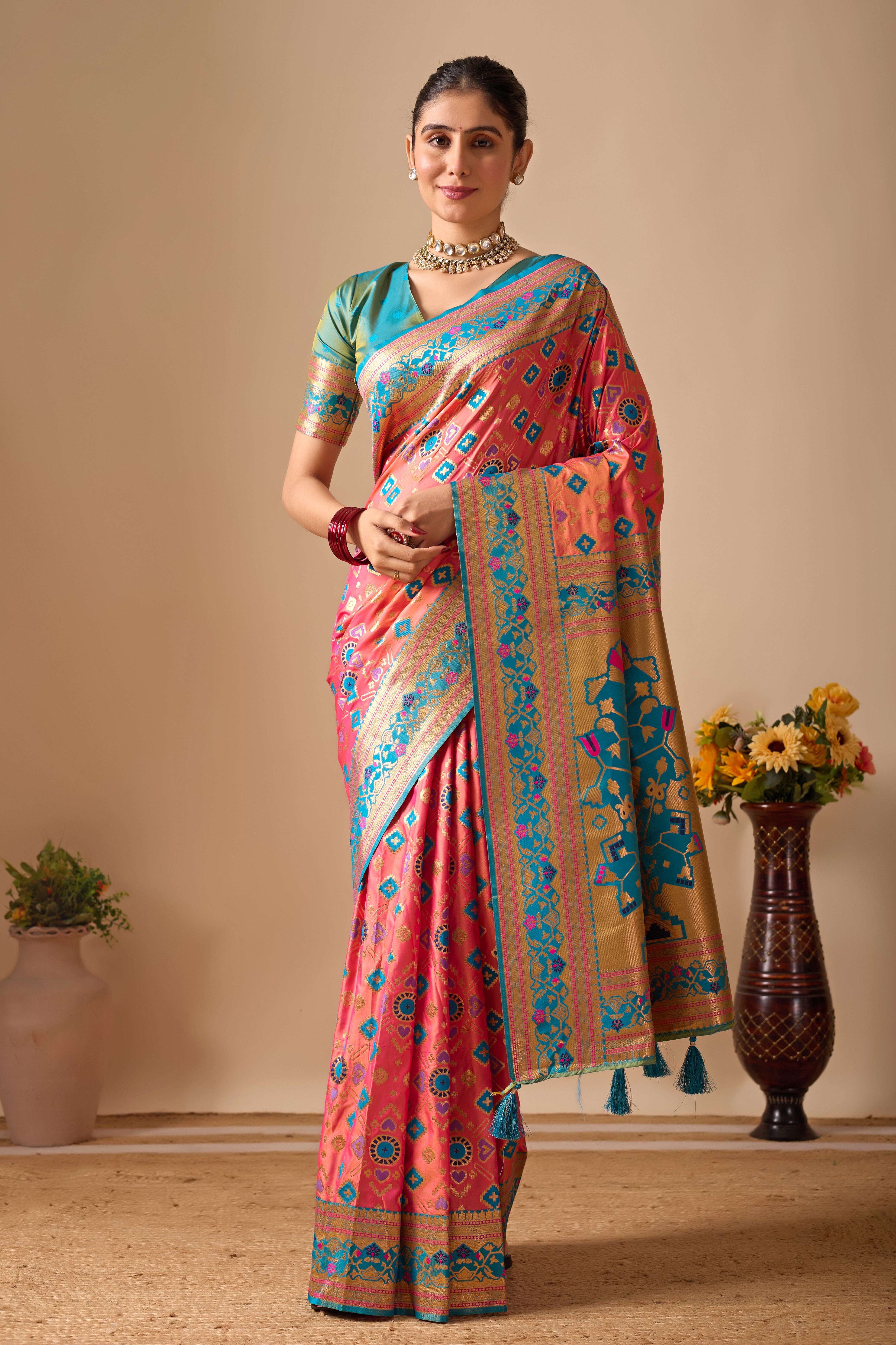 Patola Banarasi Silk Saree in Pink and Rama Contrast